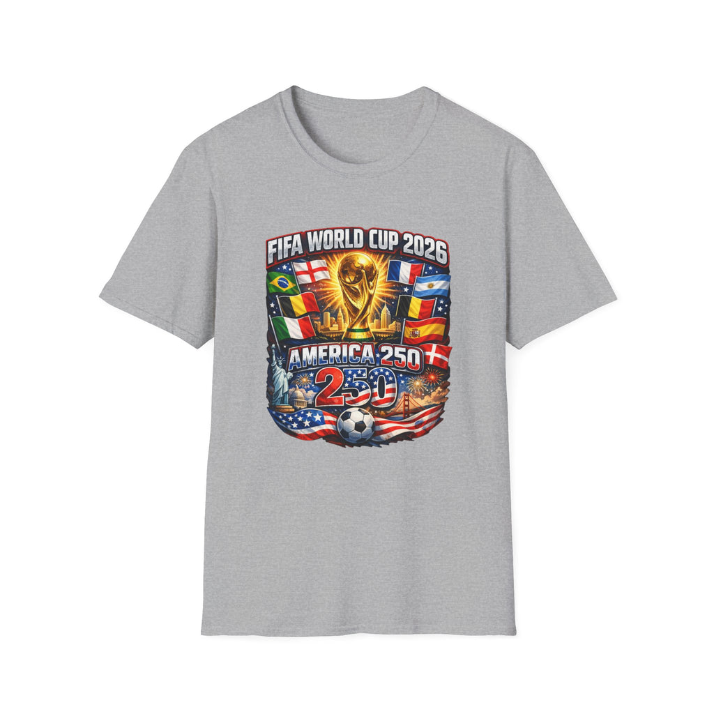 FIFA World Cup 2026 T-Shirt — America 250 Soccer Trophy & Flags Tee