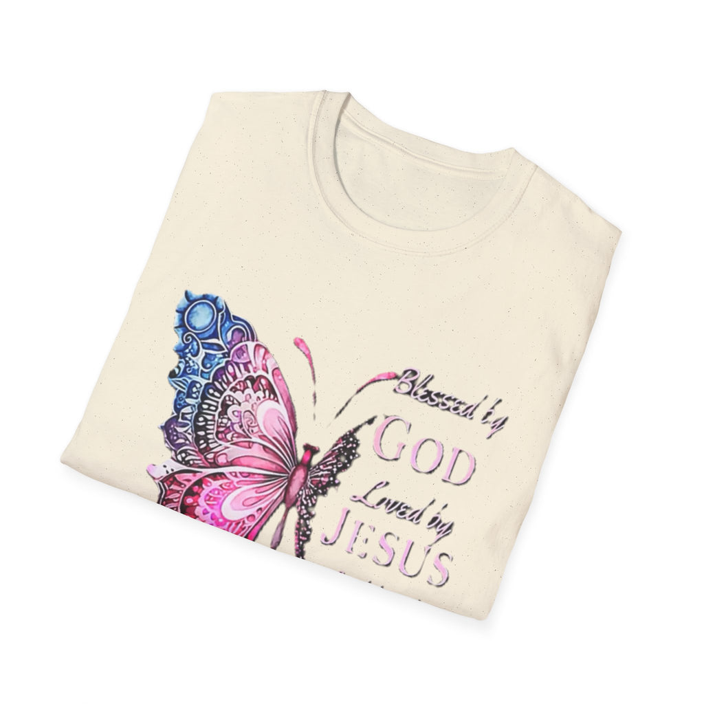 Christian Butterfly T-Shirt — Blessed by God, Loved by Jesus, Led by the Spirit