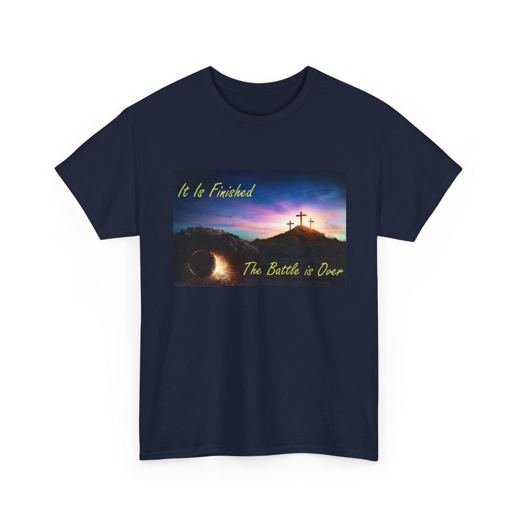 T-Shirt – 'It Is Finished / The Battle is Over' Christian Cross Sunset Tee