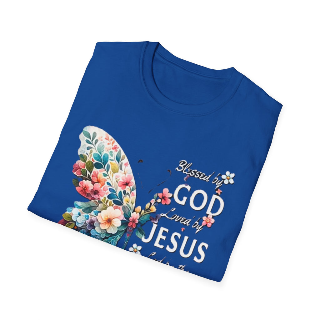 Faith Butterfly T-Shirt — "Blessed by God, Loved by Jesus, Led by the Spirit" Christian Floral Tee