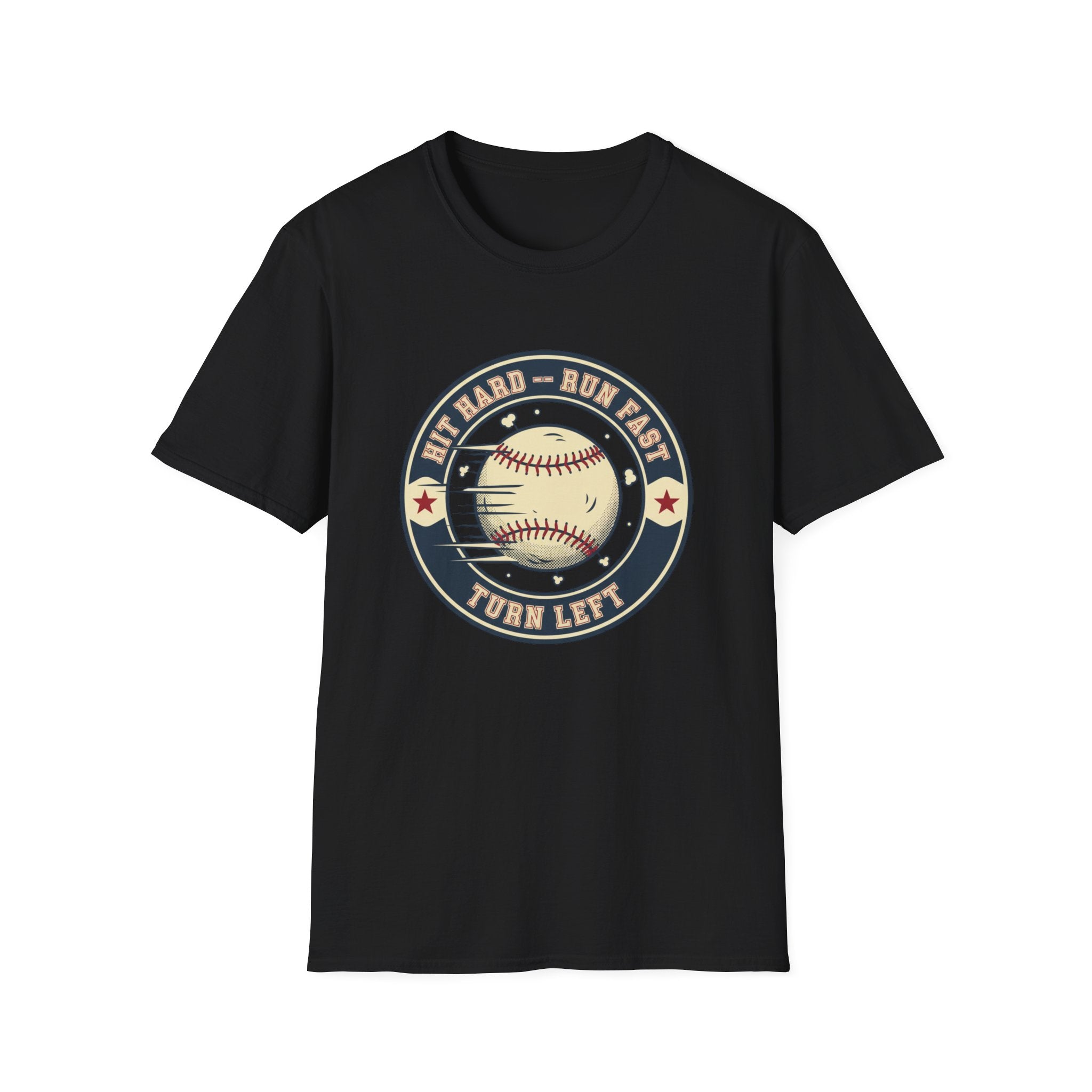 Baseball Tee — “Hit Hard • Run Fast • Turn Left” Vintage Softball Graphic Shirt