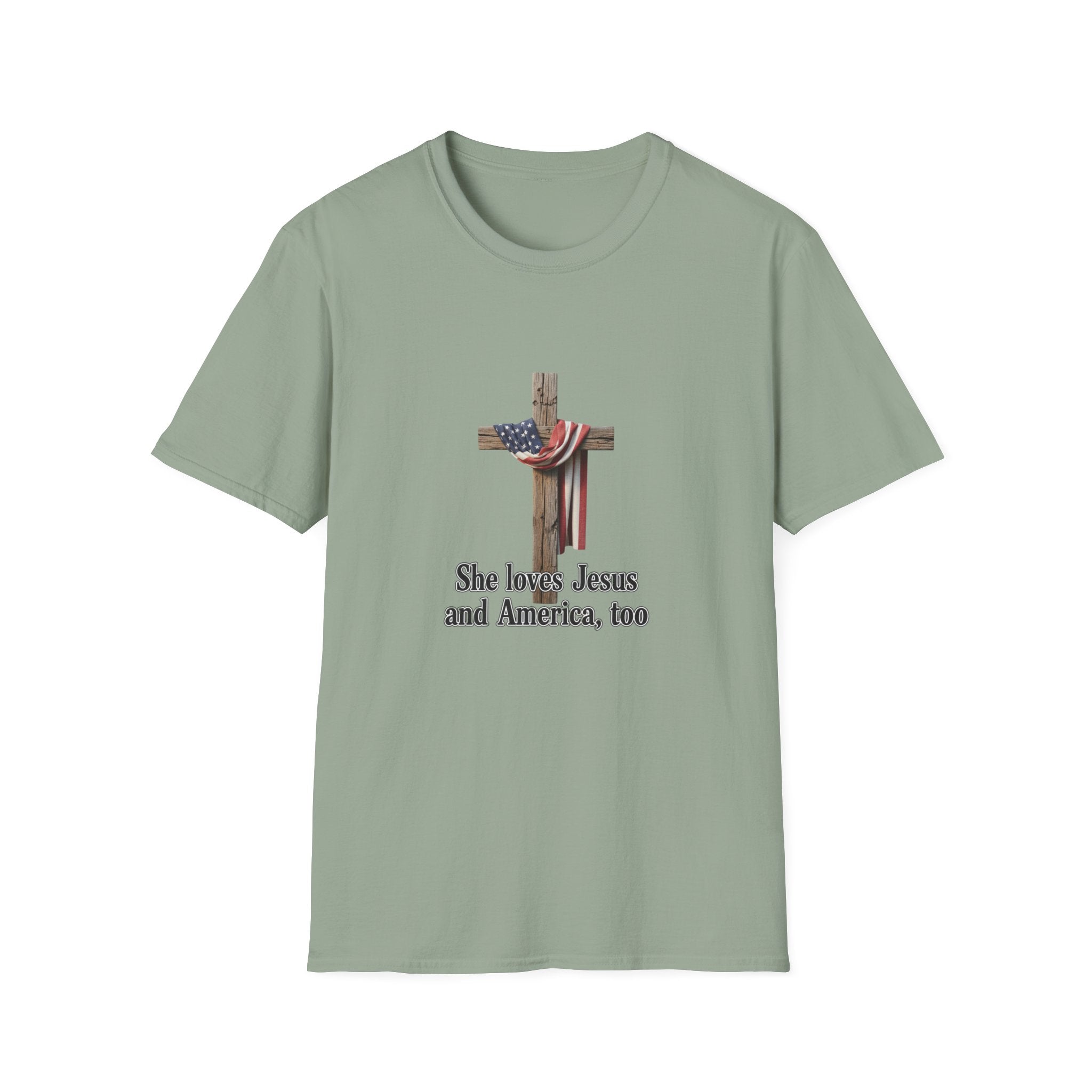 Christian Patriotic T-Shirt - "She loves Jesus and America, too" Cross Design