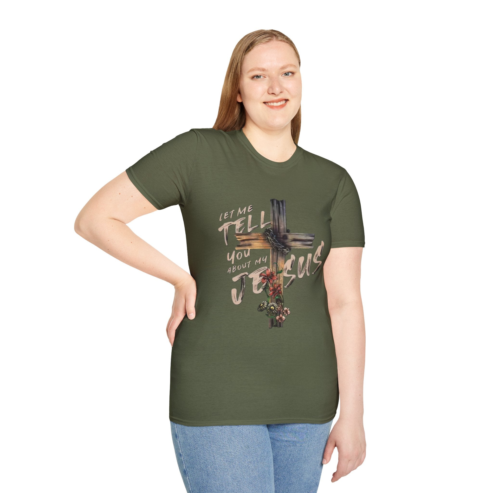 T-Shirt — "Let Me Tell You About My Jesus" Cross Floral Christian Tee