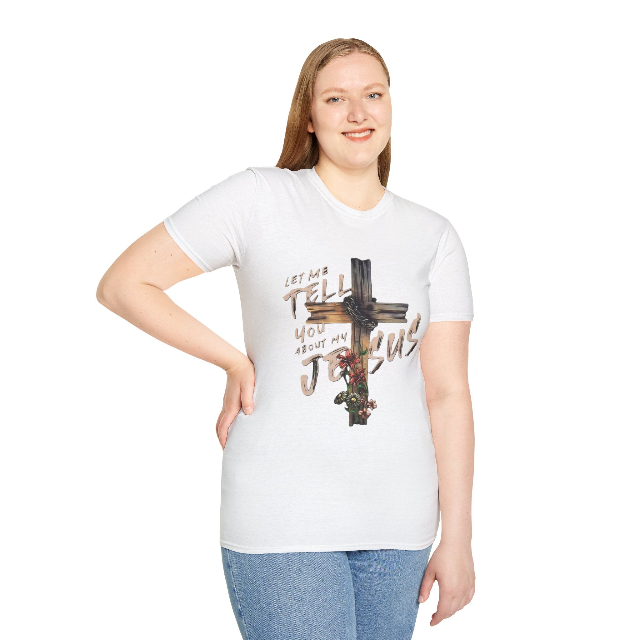 T-Shirt — "Let Me Tell You About My Jesus" Cross Floral Christian Tee