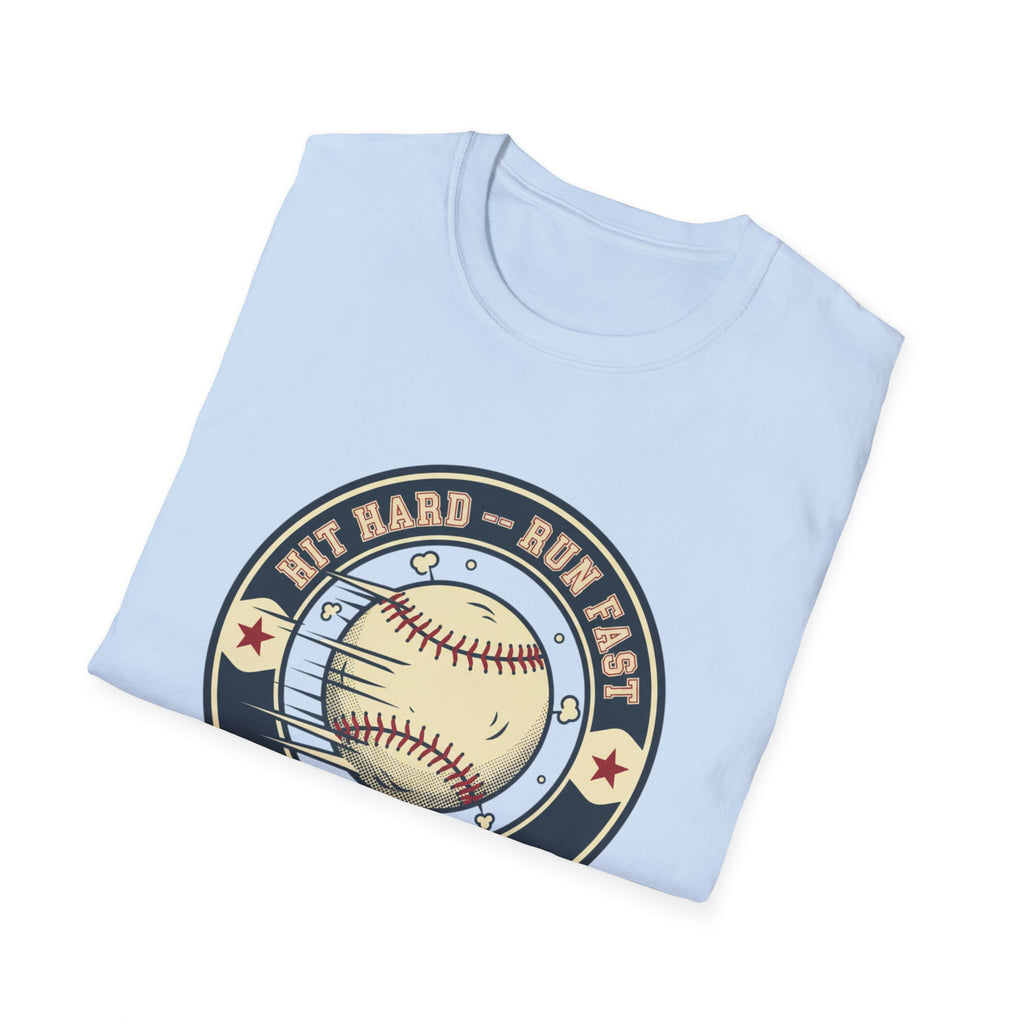 Baseball Tee — “Hit Hard • Run Fast • Turn Left” Vintage Softball Graphic Shirt