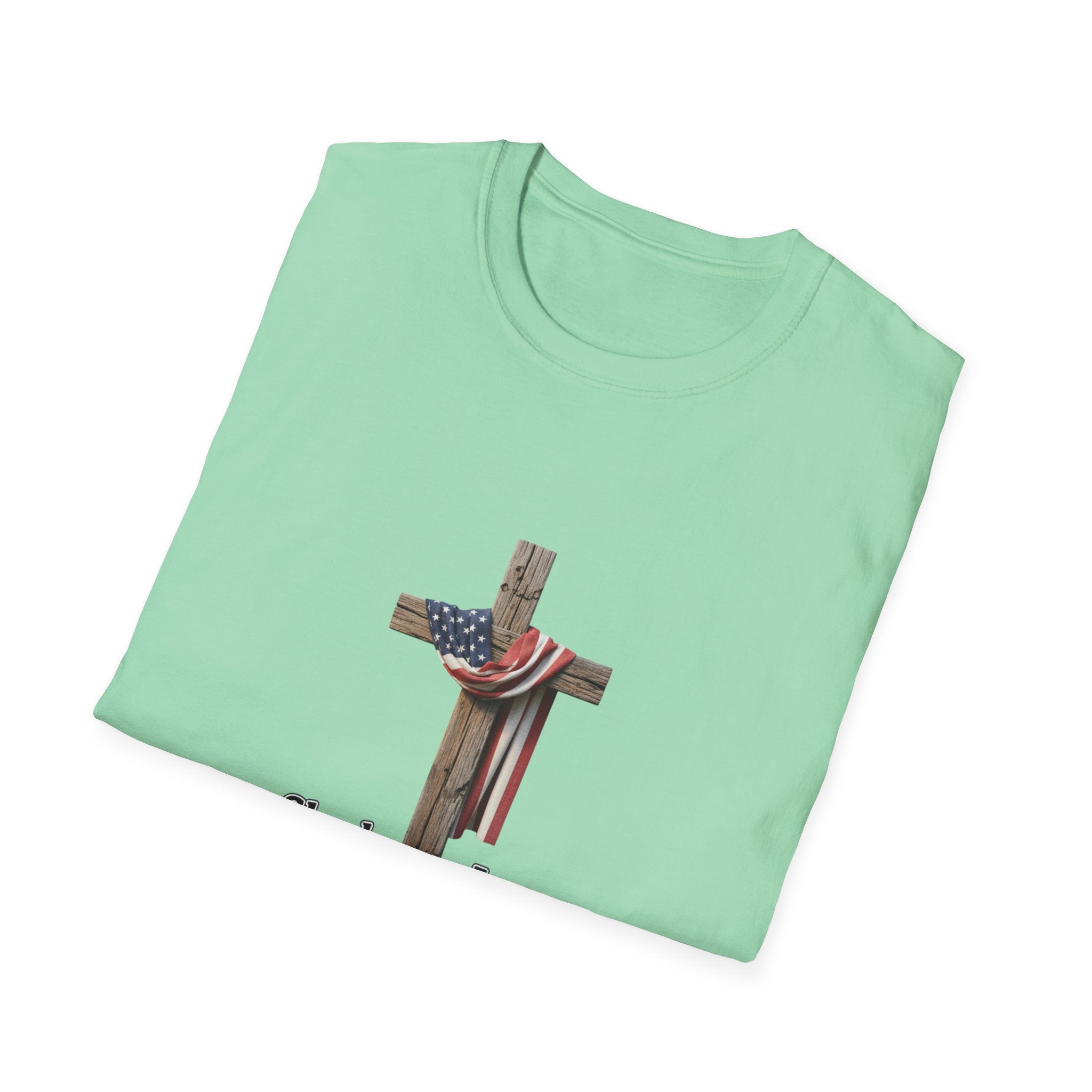 Christian Patriotic T-Shirt - "She loves Jesus and America, too" Cross Design