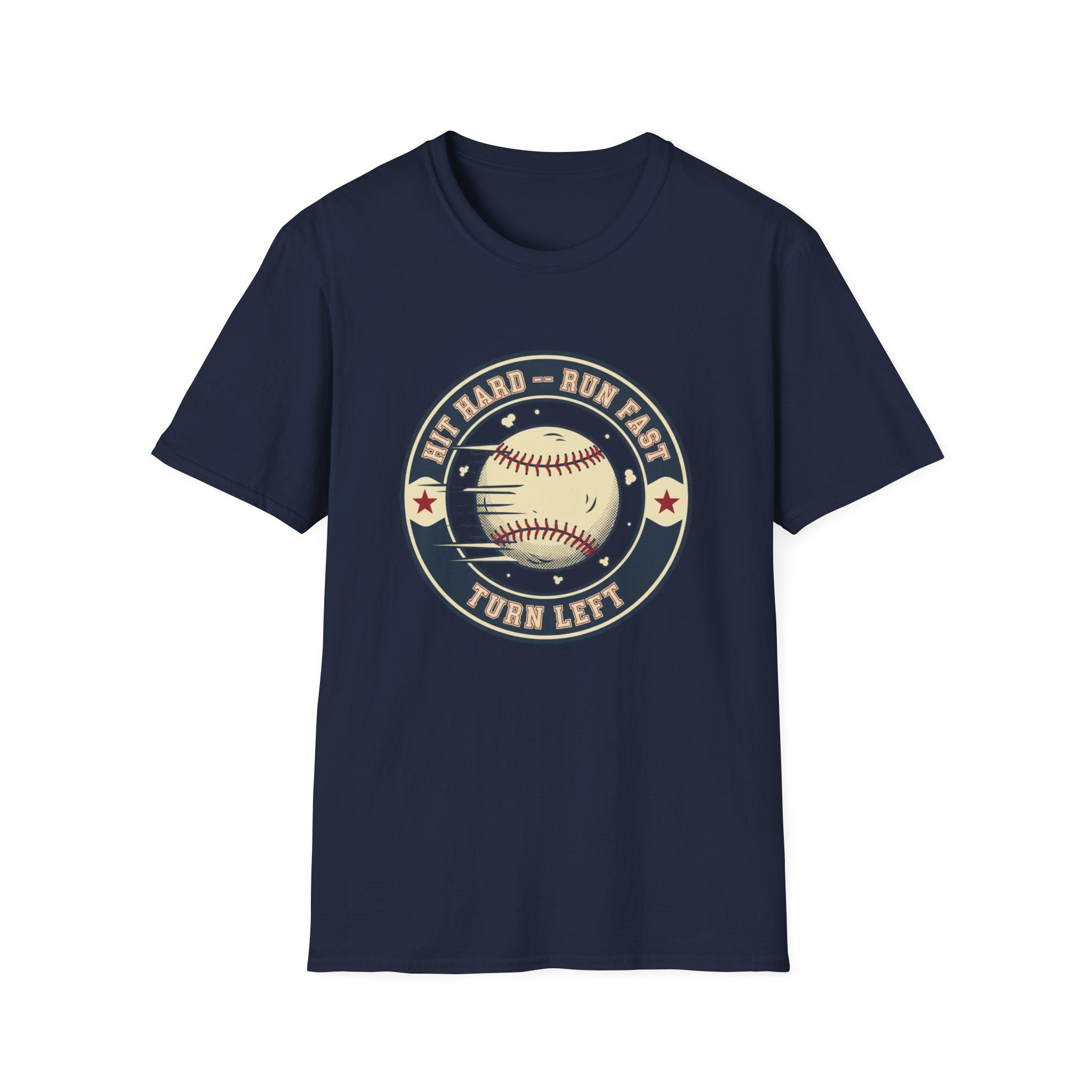 Baseball Tee — “Hit Hard • Run Fast • Turn Left” Vintage Softball Graphic Shirt