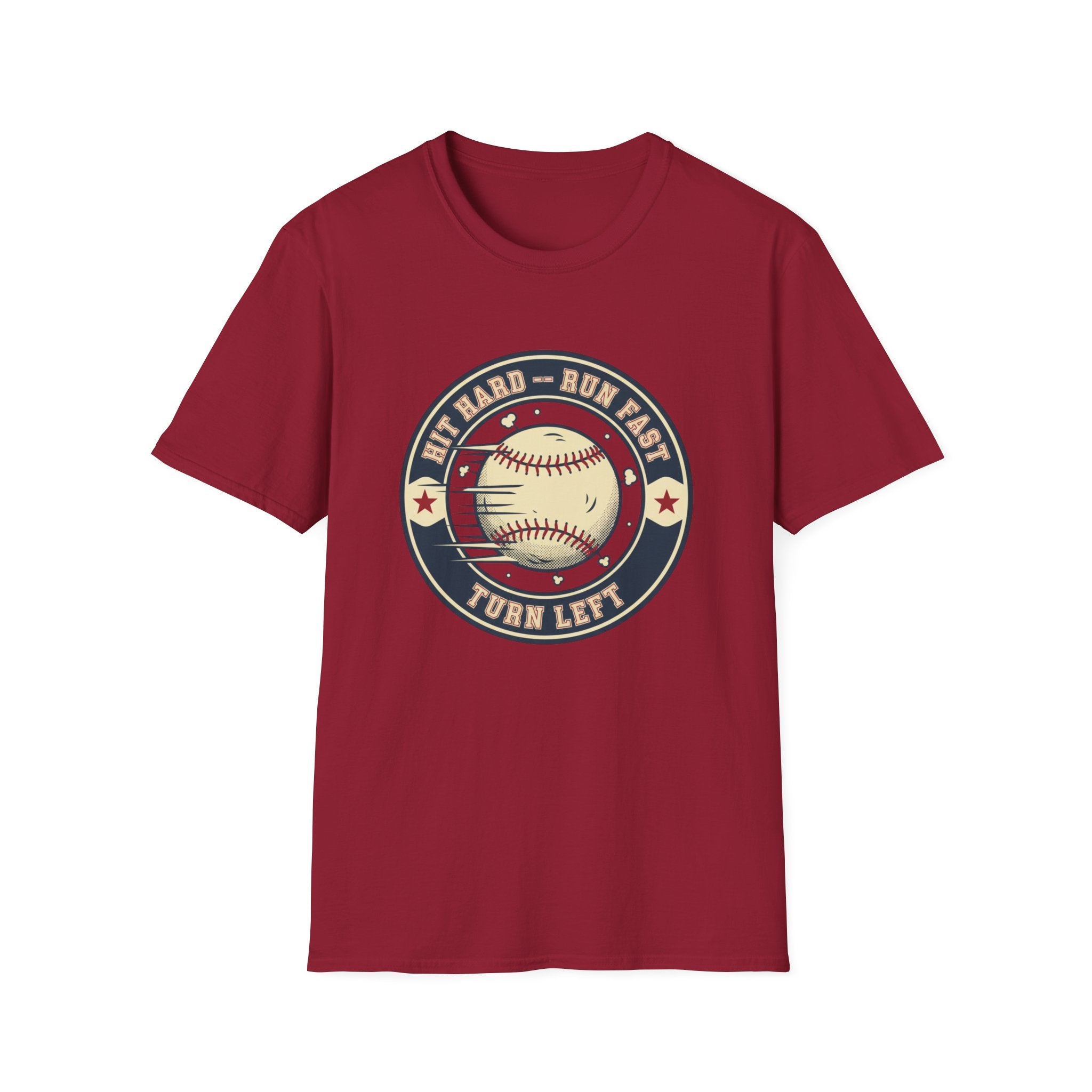 Baseball Tee — “Hit Hard • Run Fast • Turn Left” Vintage Softball Graphic Shirt