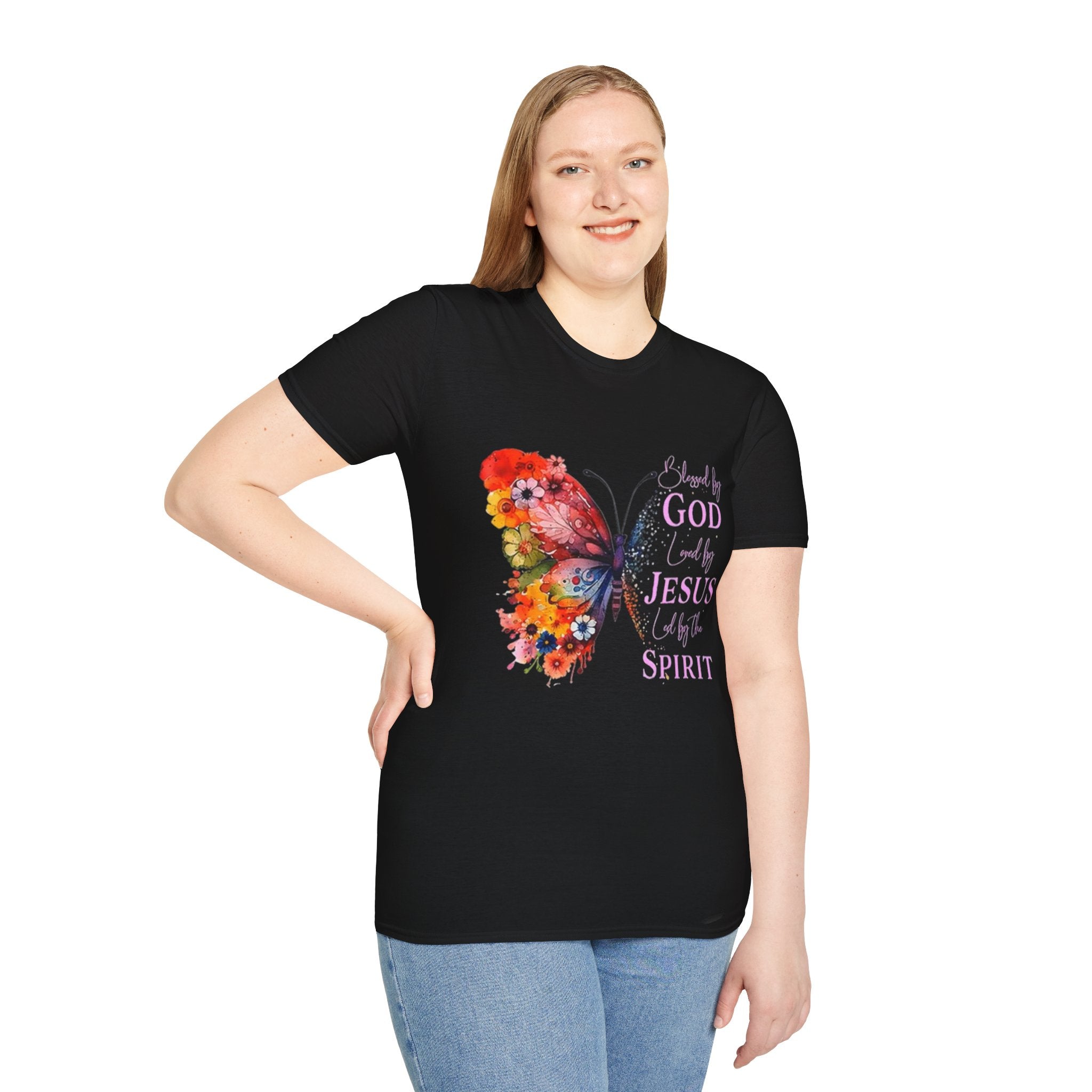 Butterfly Faith T-Shirt — 'Saved by God, Loved by Jesus & Led by the Spirit' Christian Tee