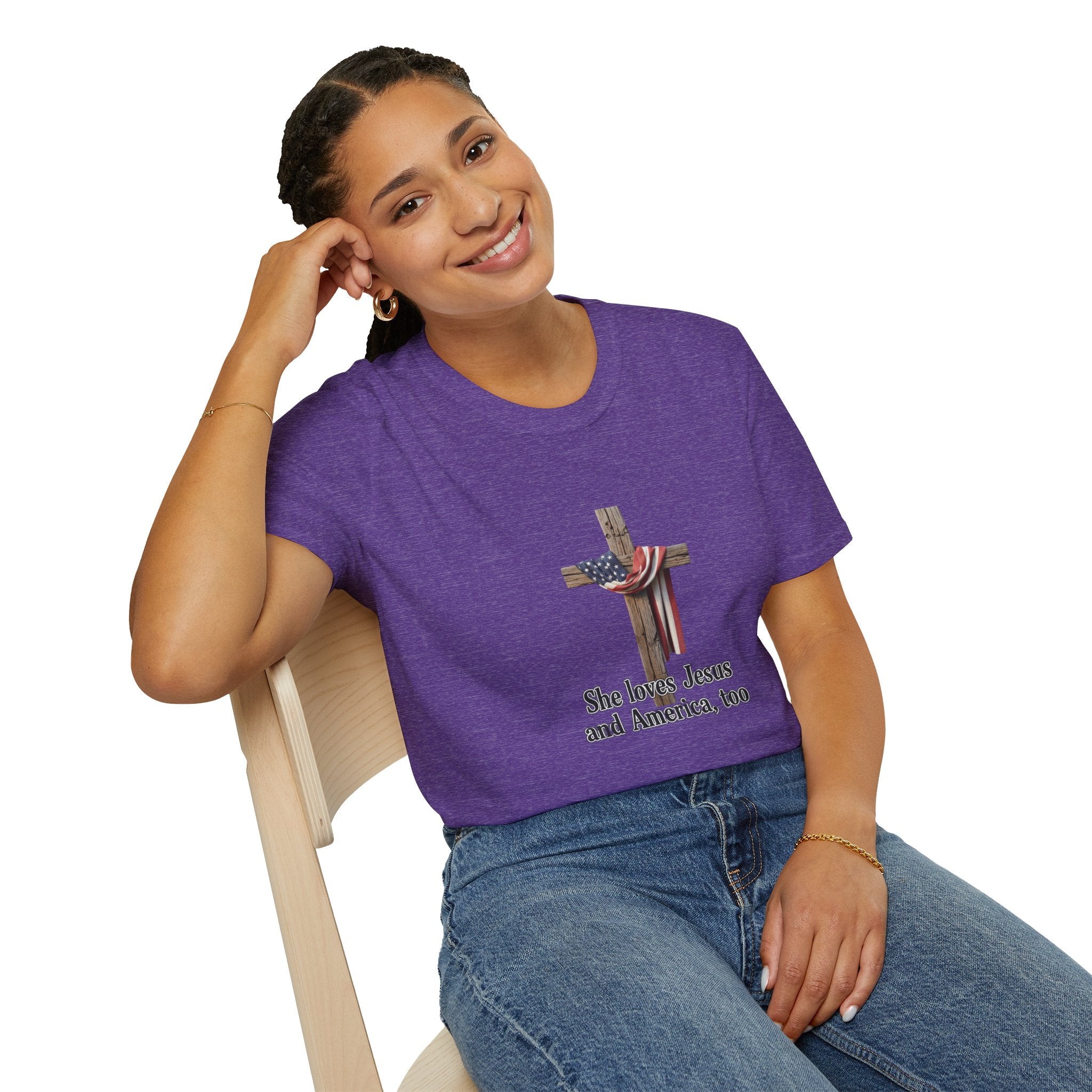 Christian Patriotic T-Shirt - "She loves Jesus and America, too" Cross Design