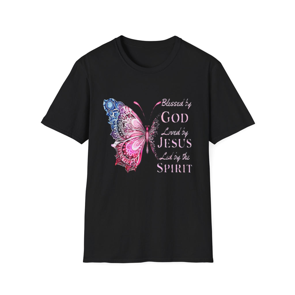 Christian Butterfly T-Shirt — Blessed by God, Loved by Jesus, Led by the Spirit