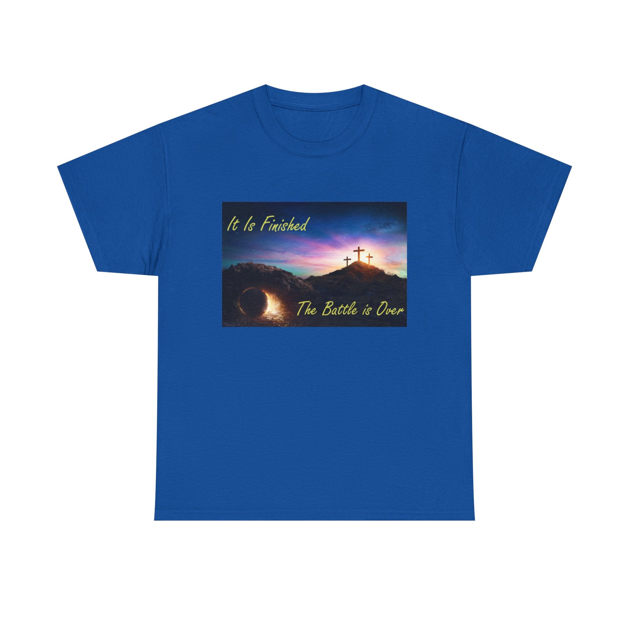 T-Shirt – 'It Is Finished / The Battle is Over' Christian Cross Sunset Tee