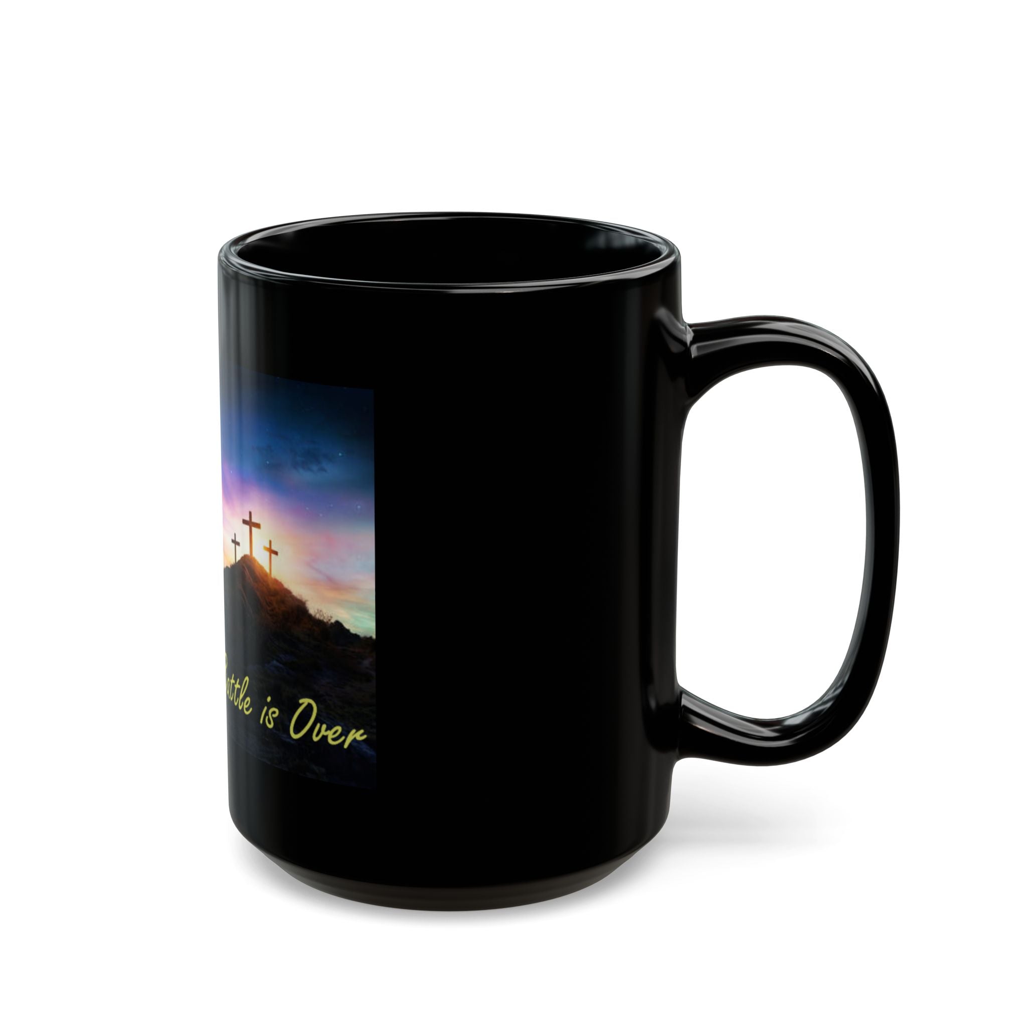 Christian Easter Mug — "It Is Finished / The Battle Is Over" Black Coffee Cup (11oz, 15oz)