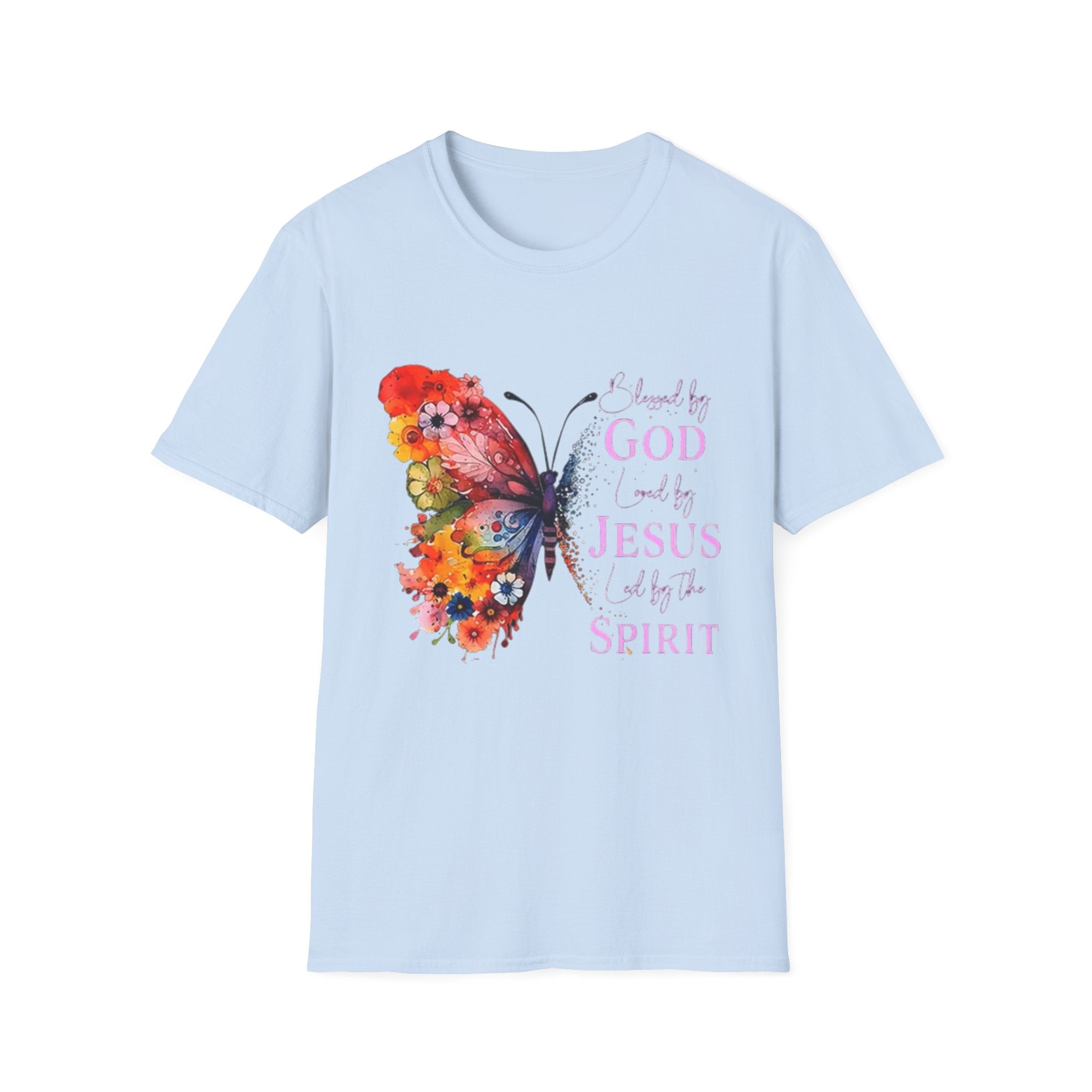 Butterfly Faith T-Shirt — 'Saved by God, Loved by Jesus & Led by the Spirit' Christian Tee