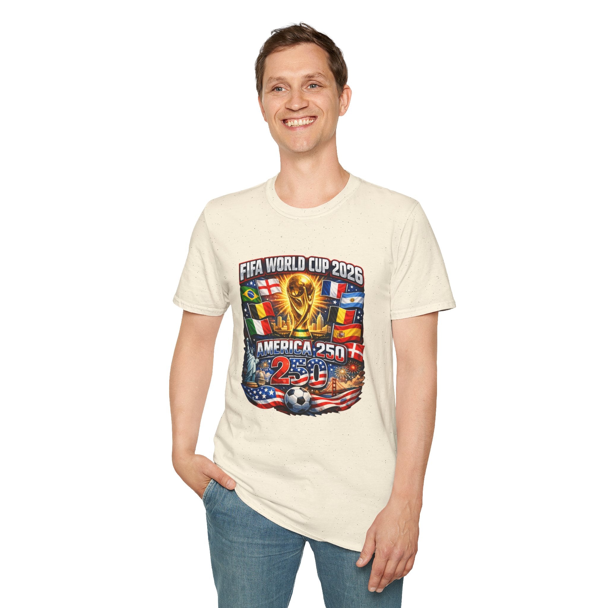 FIFA World Cup 2026 T-Shirt — America 250 Soccer Trophy & Flags Tee