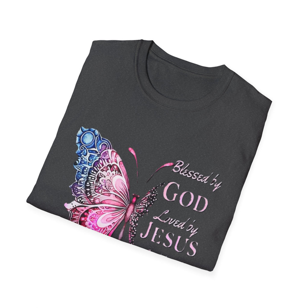 Christian Butterfly T-Shirt — Blessed by God, Loved by Jesus, Led by the Spirit