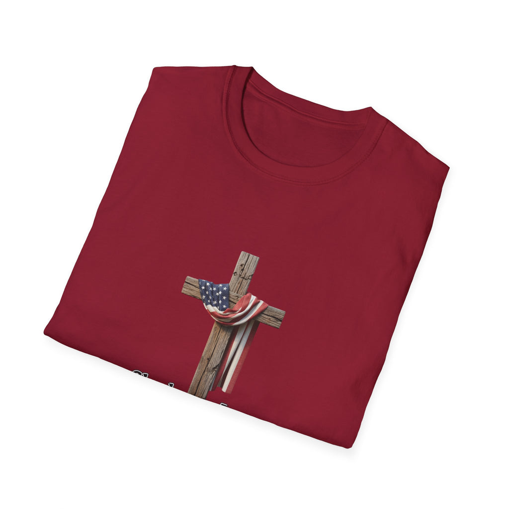 Christian Patriotic T-Shirt - "She loves Jesus and America, too" Cross Design