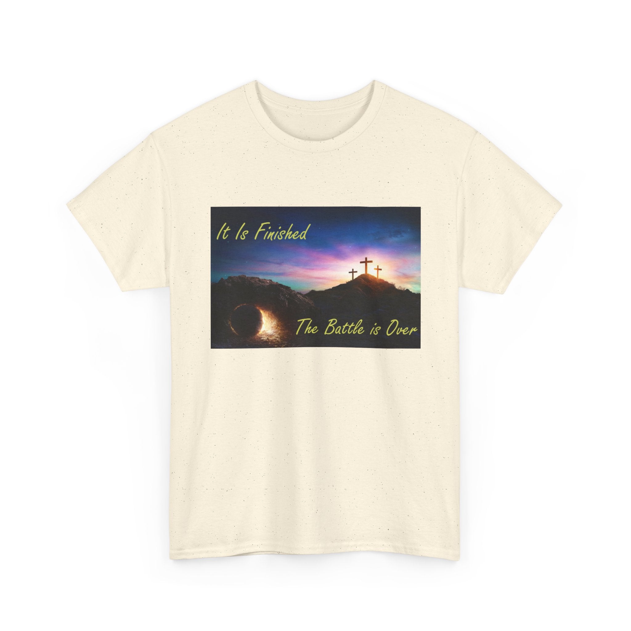 T-Shirt – 'It Is Finished / The Battle is Over' Christian Cross Sunset Tee