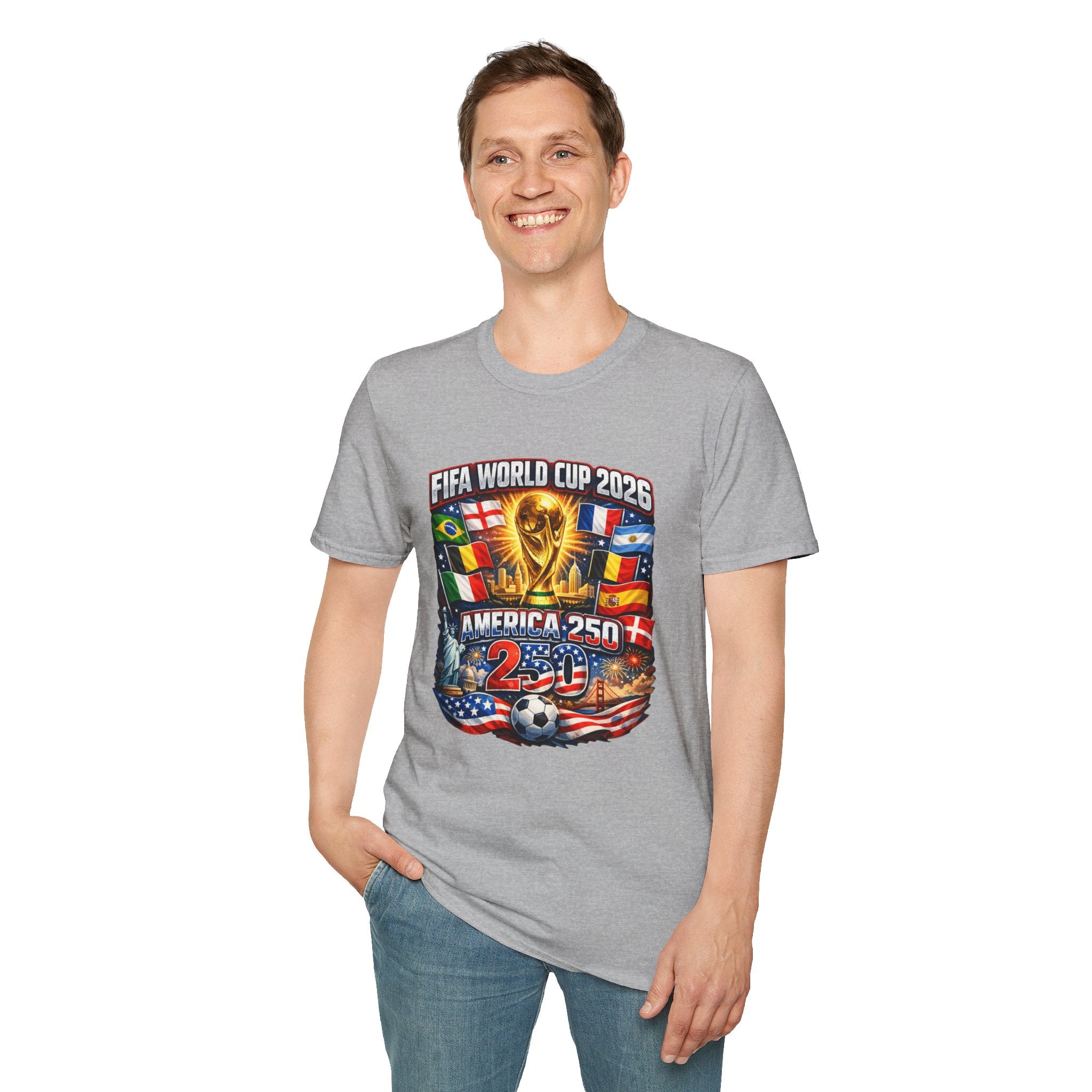 FIFA World Cup 2026 T-Shirt — America 250 Soccer Trophy & Flags Tee