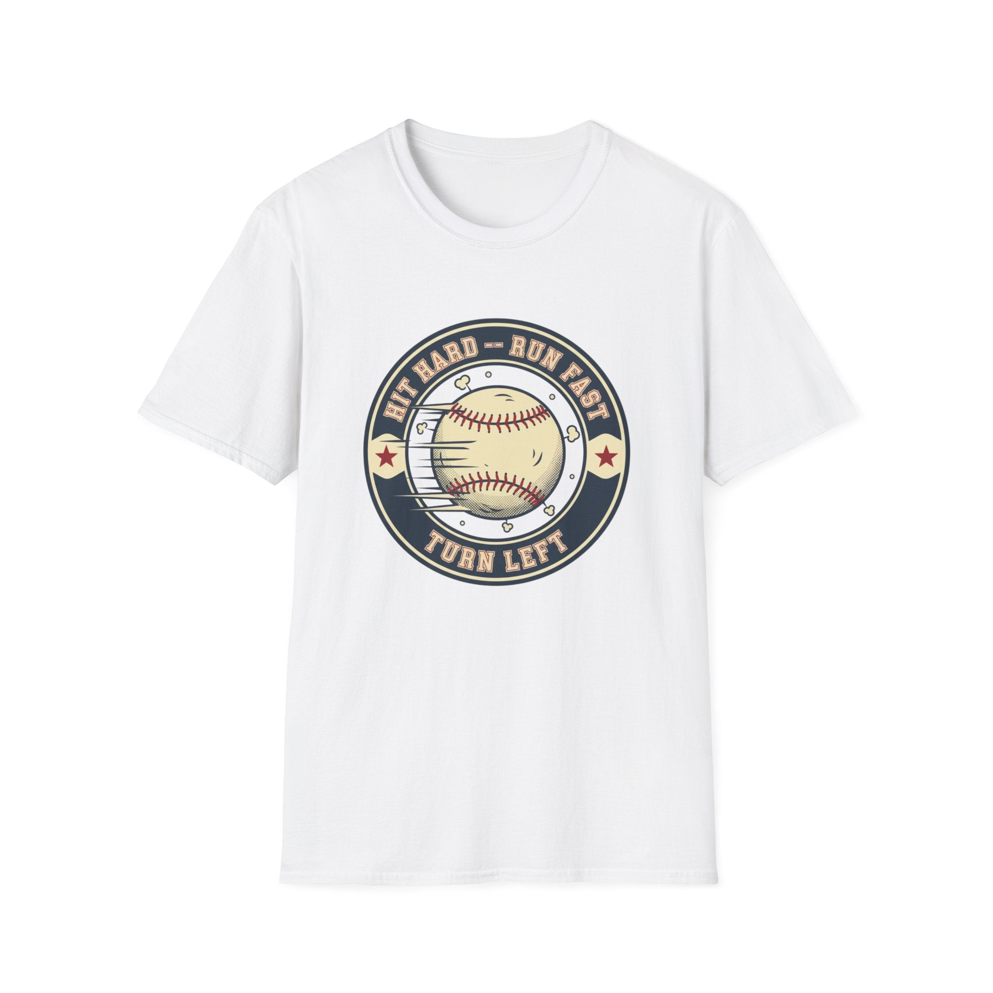 Baseball Tee — “Hit Hard • Run Fast • Turn Left” Vintage Softball Graphic Shirt