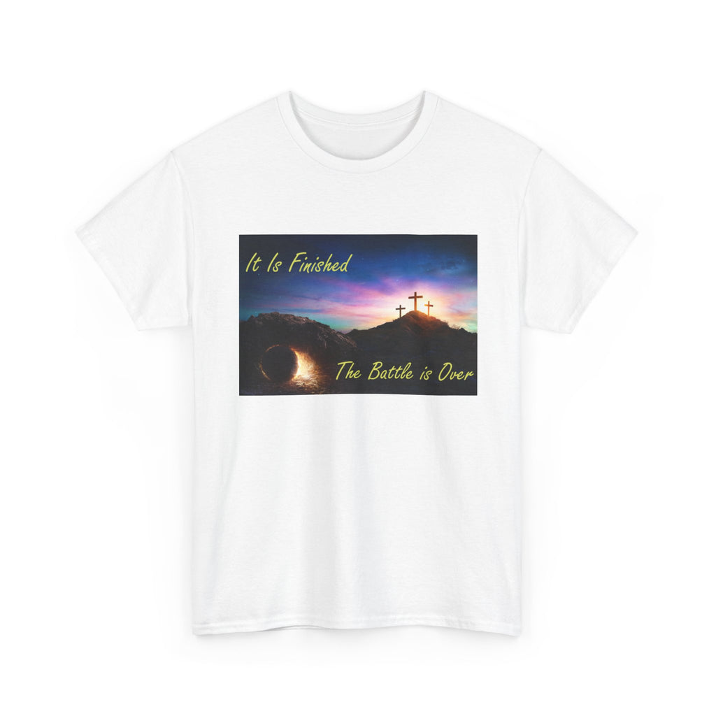 T-Shirt – 'It Is Finished / The Battle is Over' Christian Cross Sunset Tee