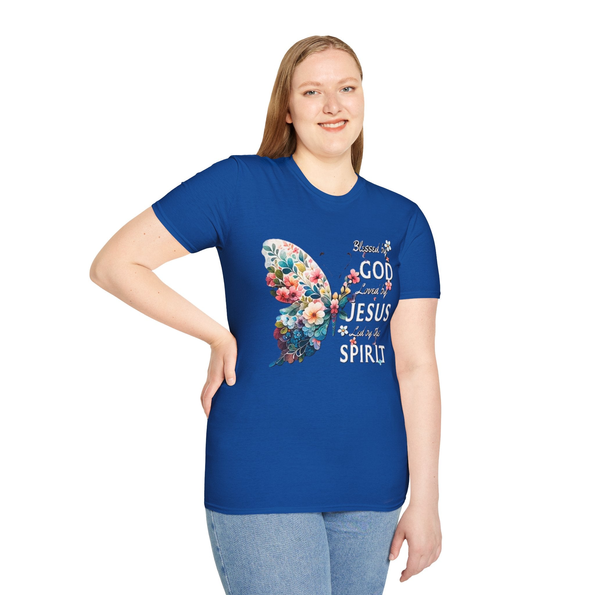 Faith Butterfly T-Shirt — "Blessed by God, Loved by Jesus, Led by the Spirit" Christian Floral Tee