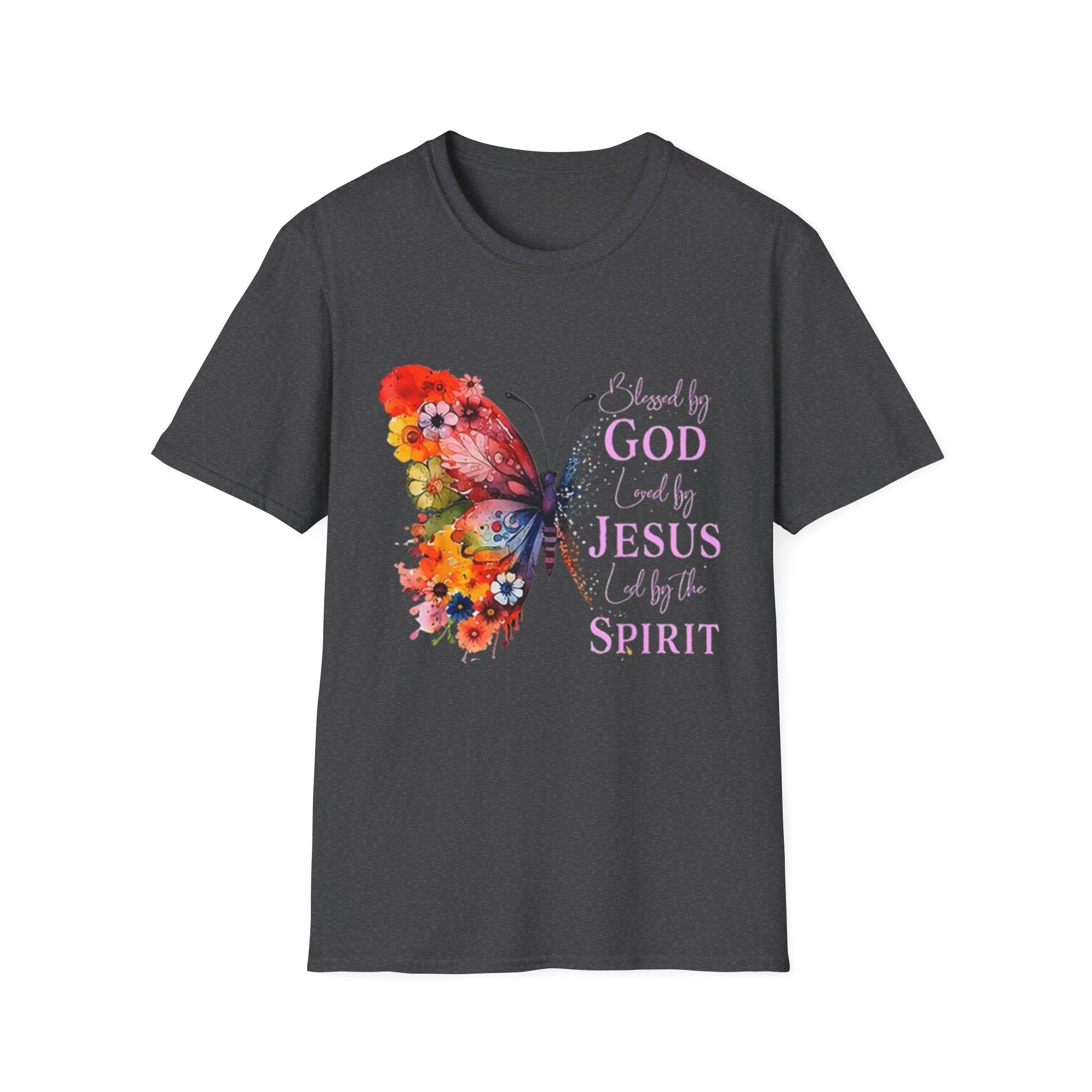 Butterfly Faith T-Shirt — 'Saved by God, Loved by Jesus & Led by the Spirit' Christian Tee