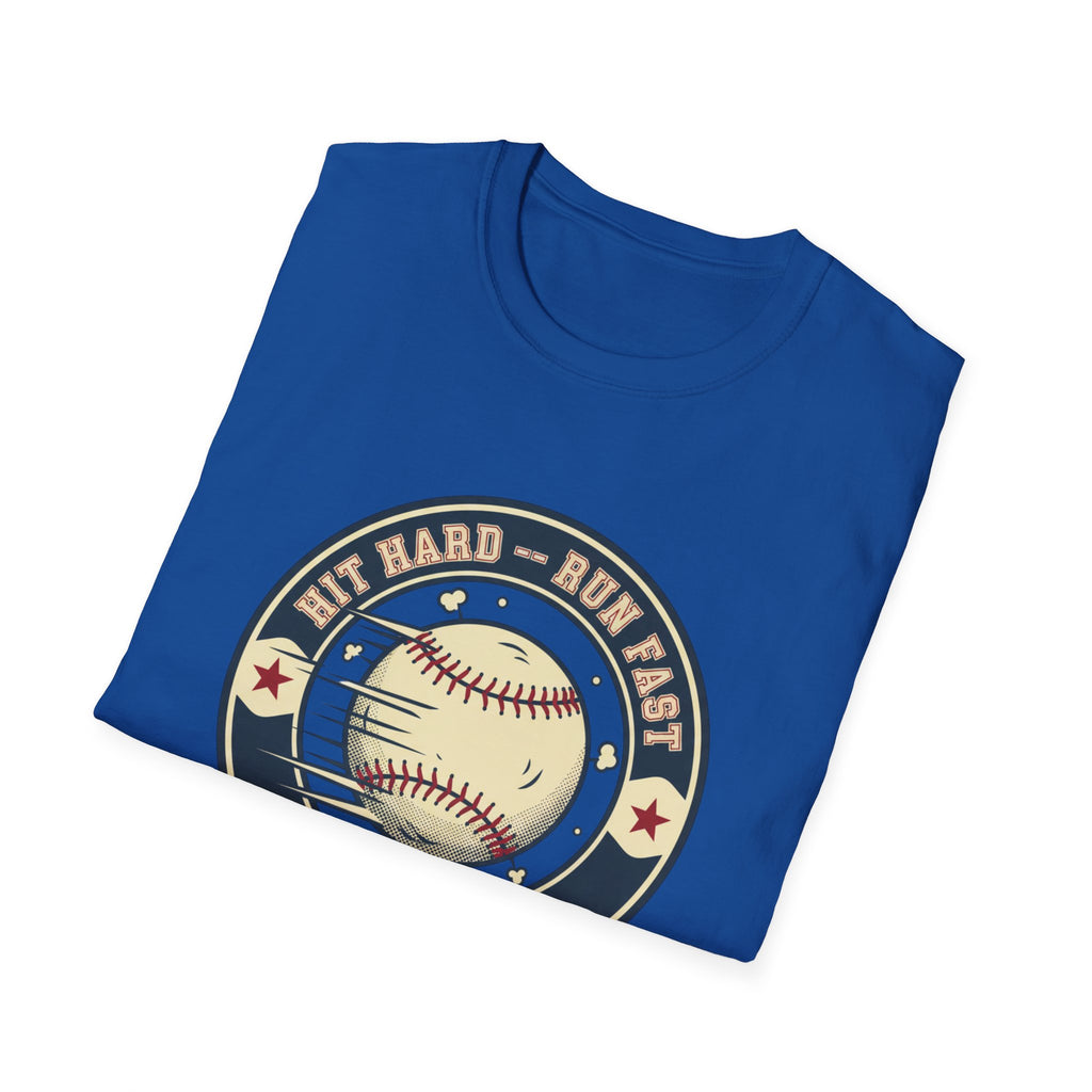Baseball Tee — “Hit Hard • Run Fast • Turn Left” Vintage Softball Graphic Shirt
