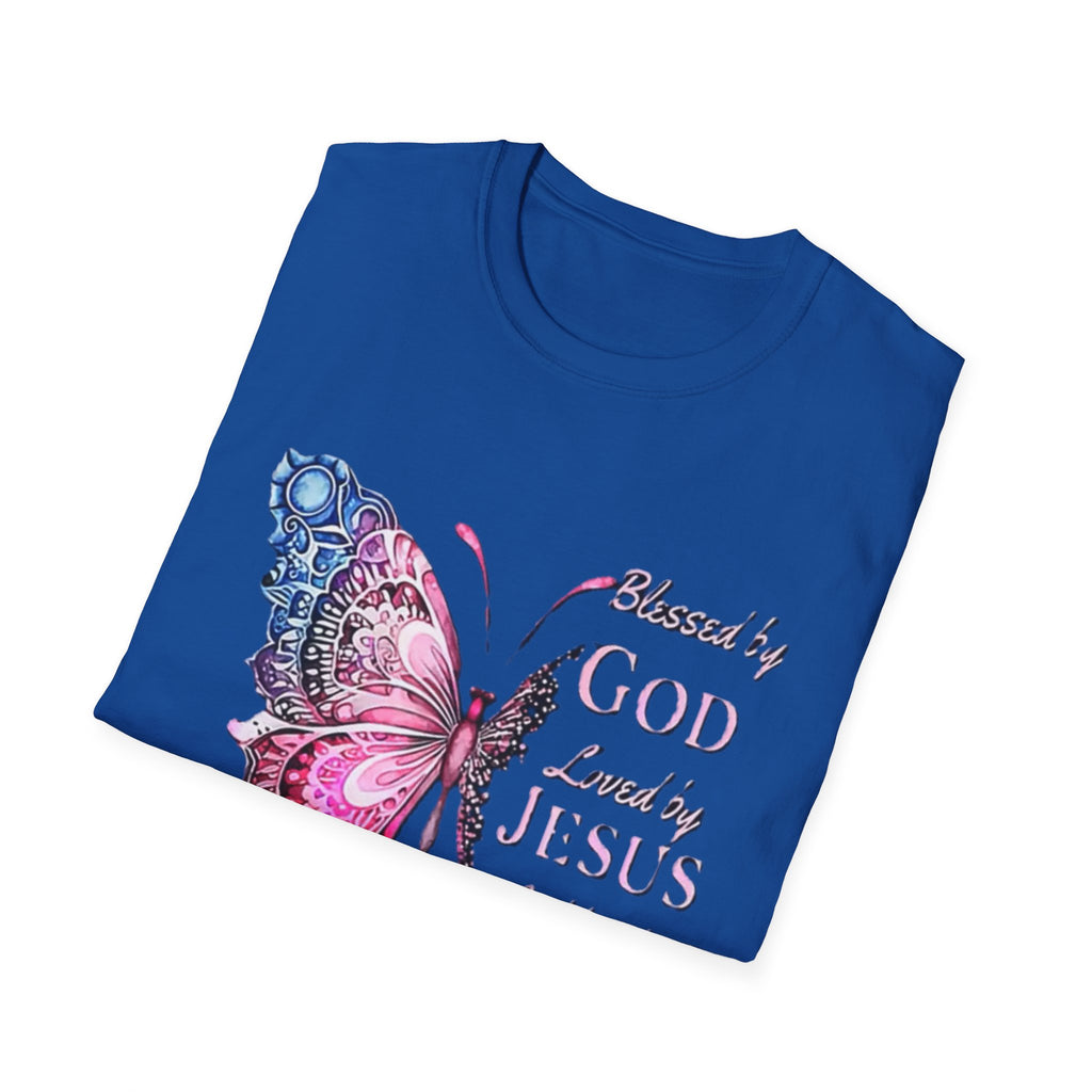 Christian Butterfly T-Shirt — Blessed by God, Loved by Jesus, Led by the Spirit
