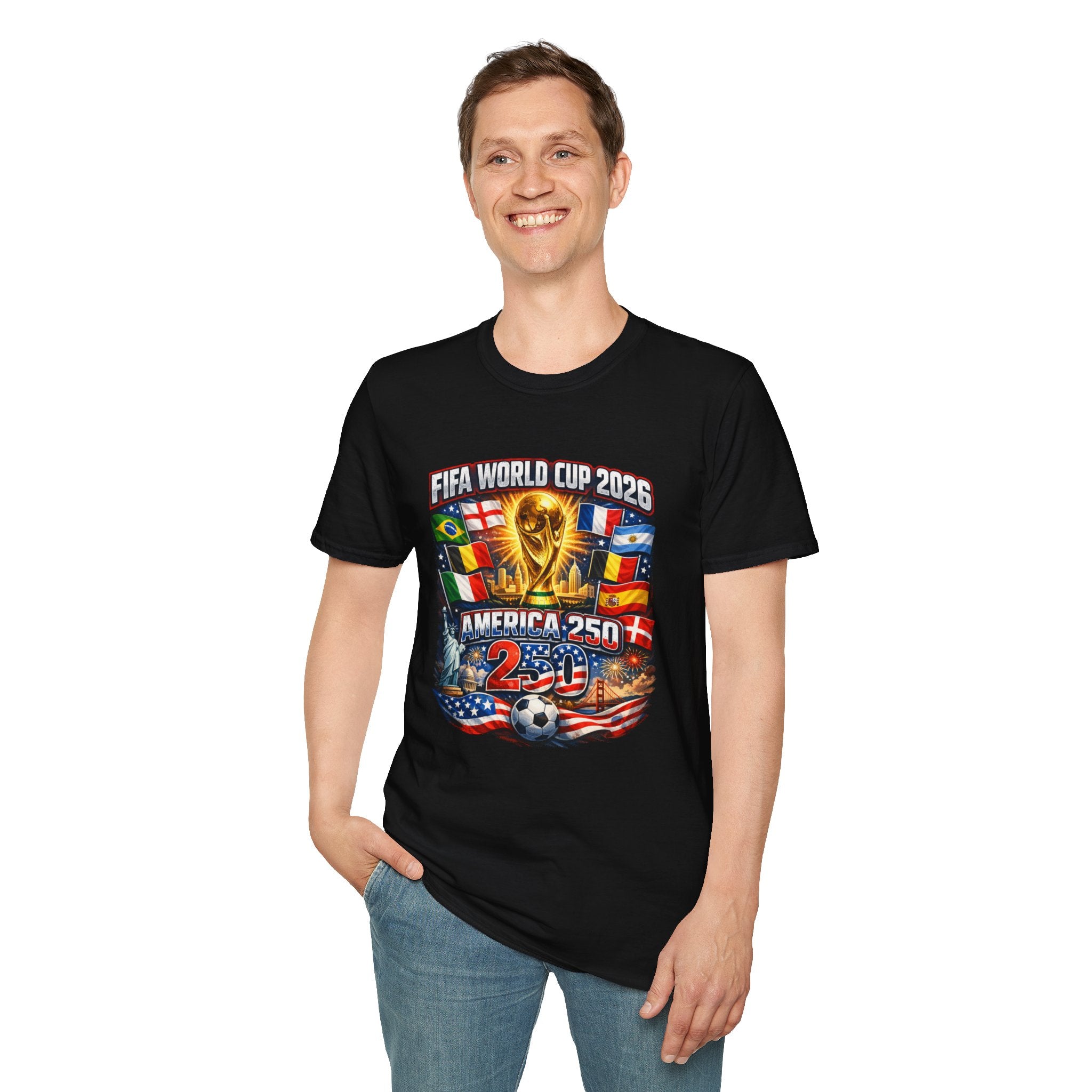 FIFA World Cup 2026 T-Shirt — America 250 Soccer Trophy & Flags Tee