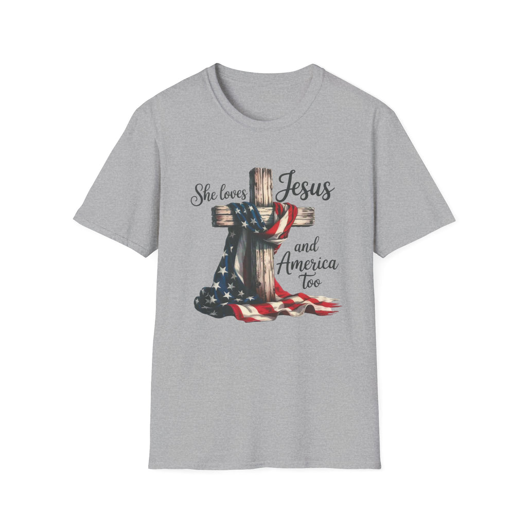 Jesus and America T-Shirt - 'She Loves Jesus and America Too' Patriotic Christian Tee