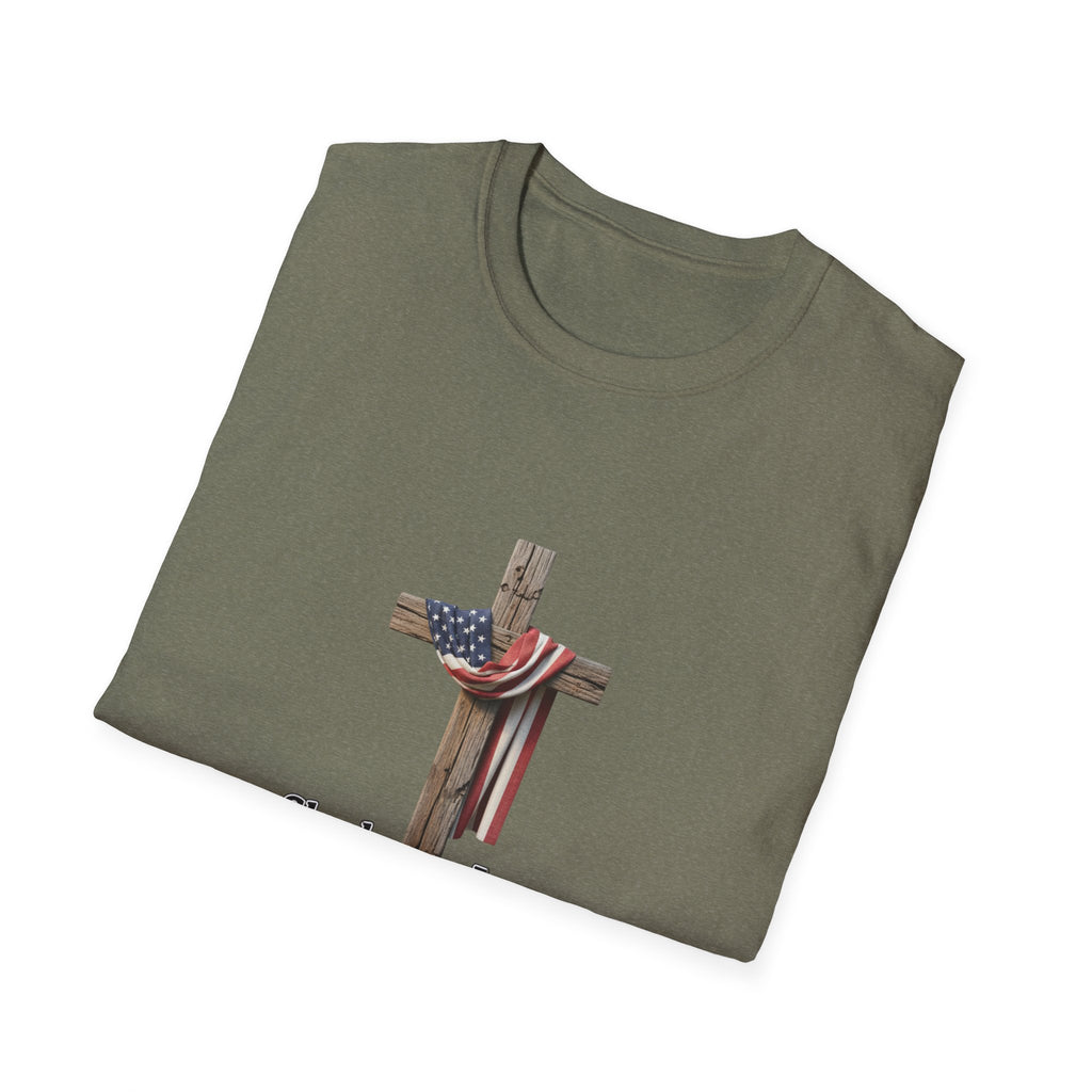 Christian Patriotic T-Shirt - "She loves Jesus and America, too" Cross Design