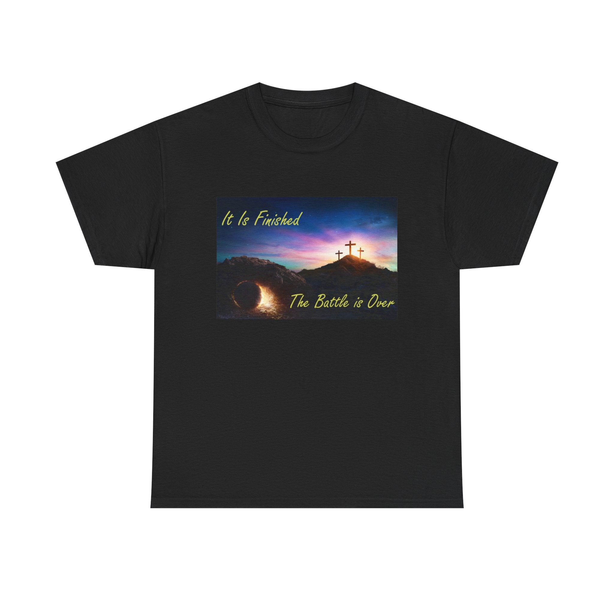 T-Shirt – 'It Is Finished / The Battle is Over' Christian Cross Sunset Tee