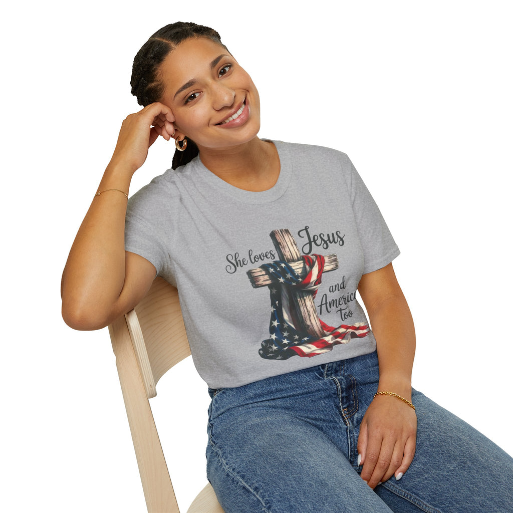 Jesus and America T-Shirt - 'She Loves Jesus and America Too' Patriotic Christian Tee