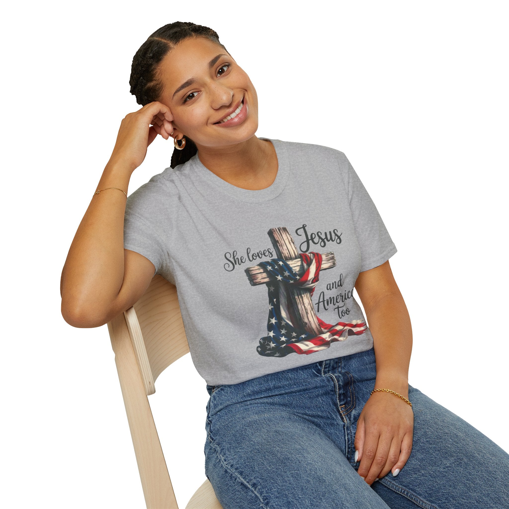 Jesus and America T-Shirt - 'She Loves Jesus and America Too' Patriotic Christian Tee