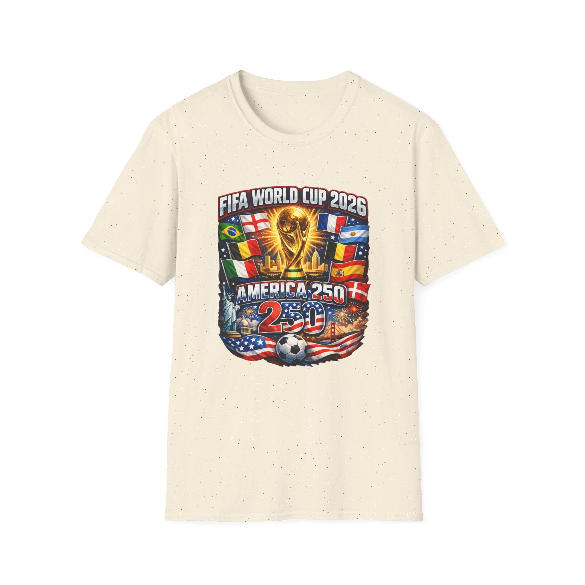 FIFA World Cup 2026 T-Shirt — America 250 Soccer Trophy & Flags Tee