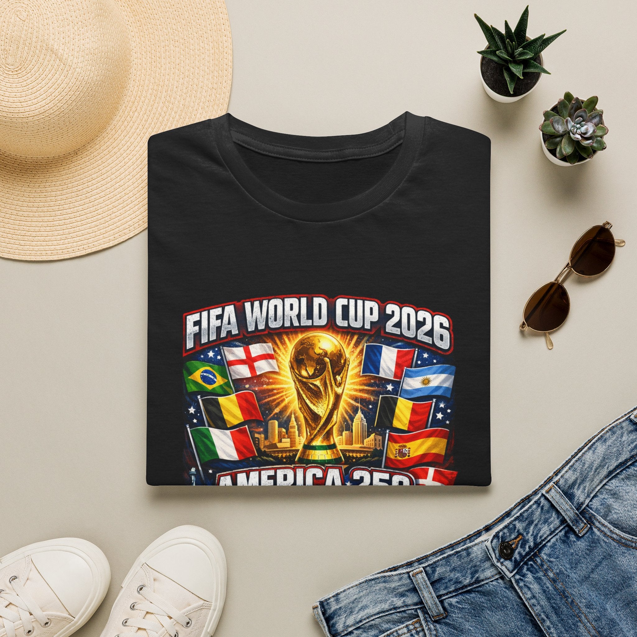 FIFA World Cup 2026 T-Shirt — America 250 Soccer Trophy & Flags Tee