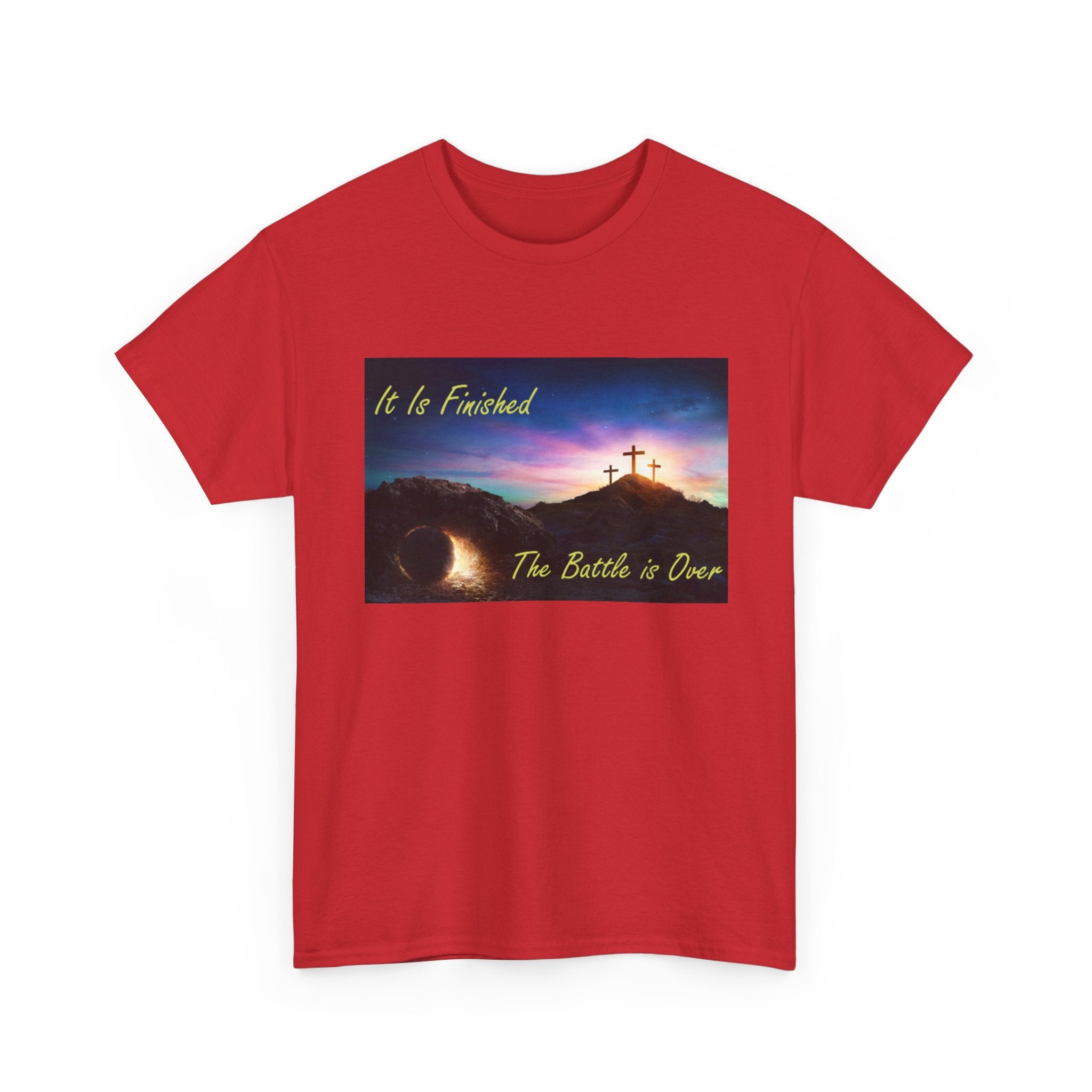 T-Shirt – 'It Is Finished / The Battle is Over' Christian Cross Sunset Tee