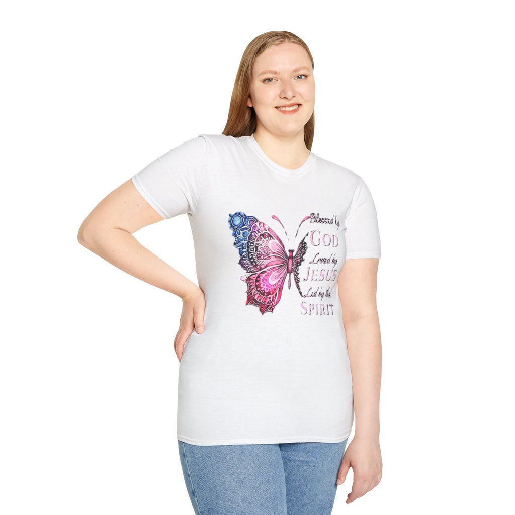 Christian Butterfly T-Shirt — Blessed by God, Loved by Jesus, Led by the Spirit