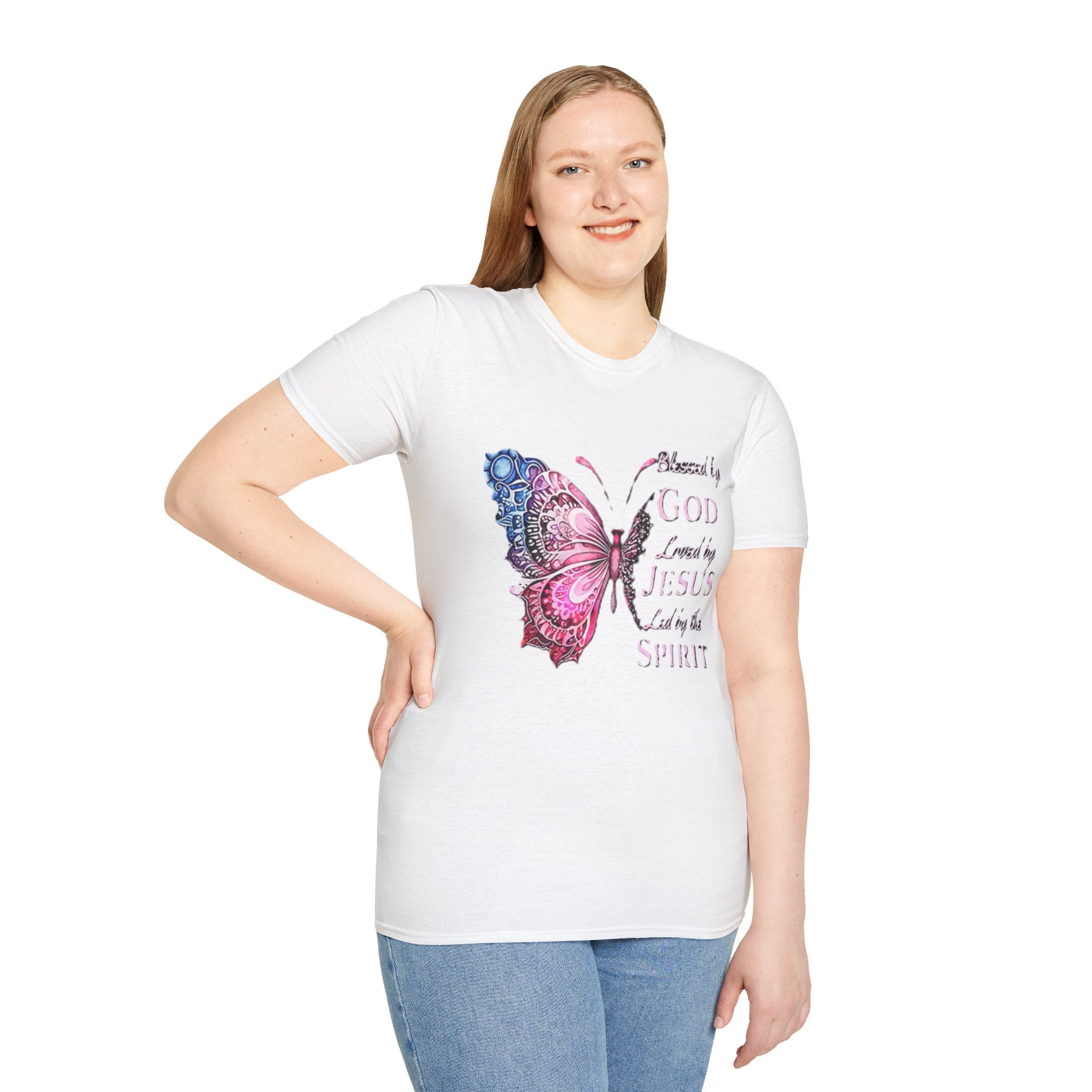 Christian Butterfly T-Shirt — Blessed by God, Loved by Jesus, Led by the Spirit