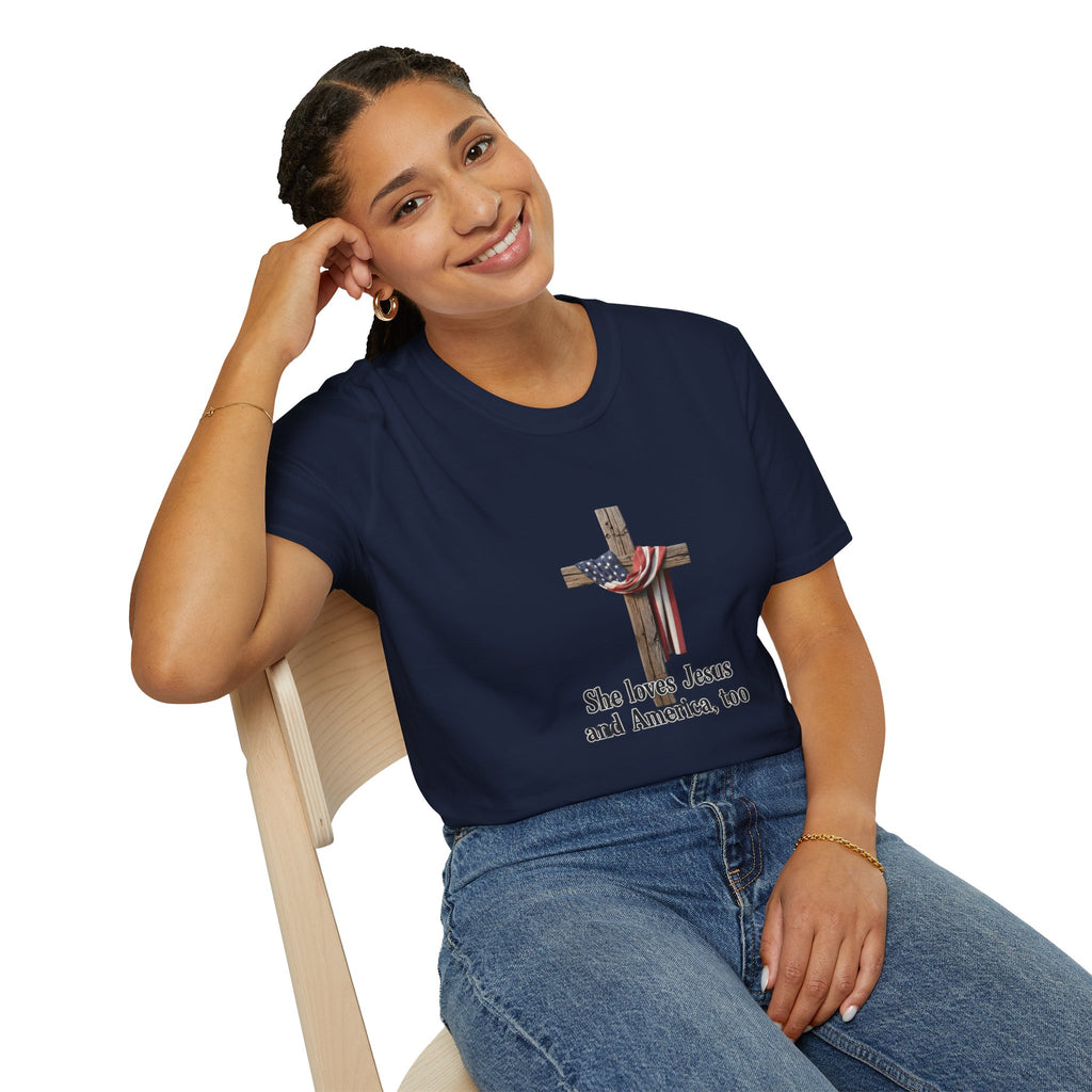 Christian Patriotic T-Shirt - "She loves Jesus and America, too" Cross Design