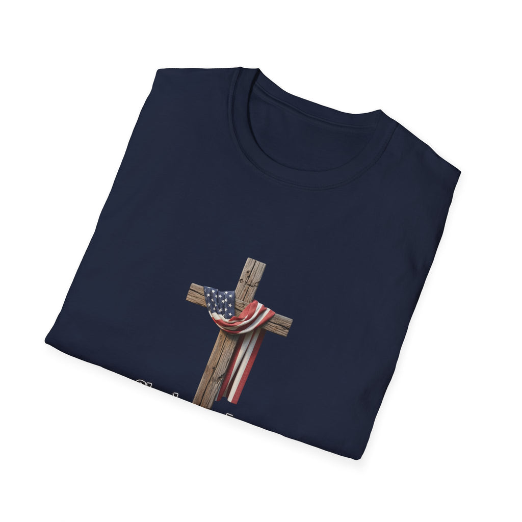 Christian Patriotic T-Shirt - "She loves Jesus and America, too" Cross Design