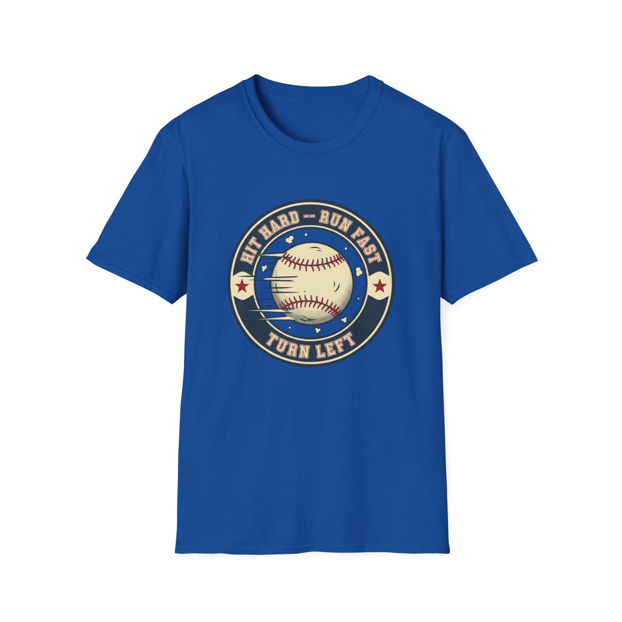 Baseball Tee — “Hit Hard • Run Fast • Turn Left” Vintage Softball Graphic Shirt