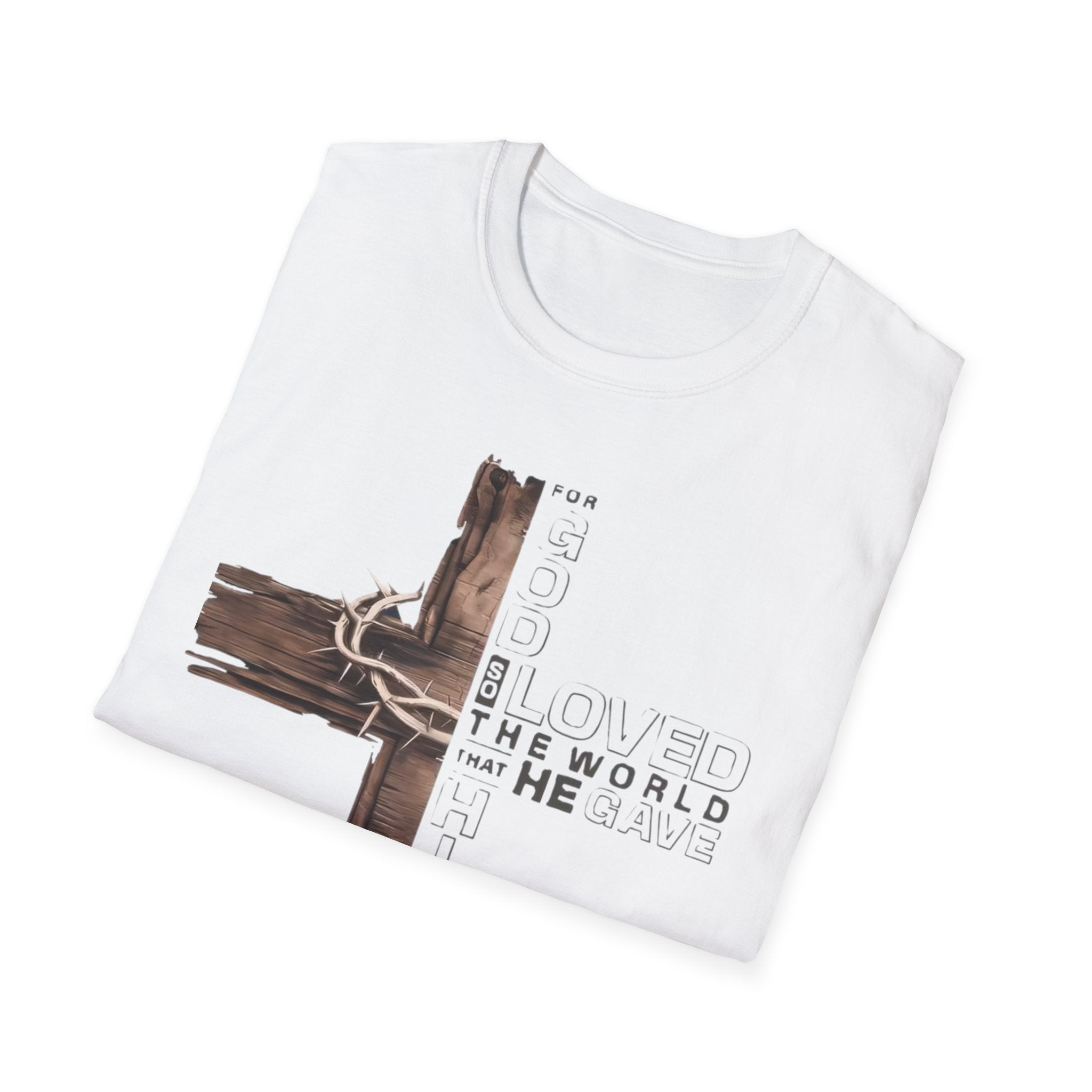 Christian Cross T-Shirt — "He Loved The World" Faith Graphic Tee