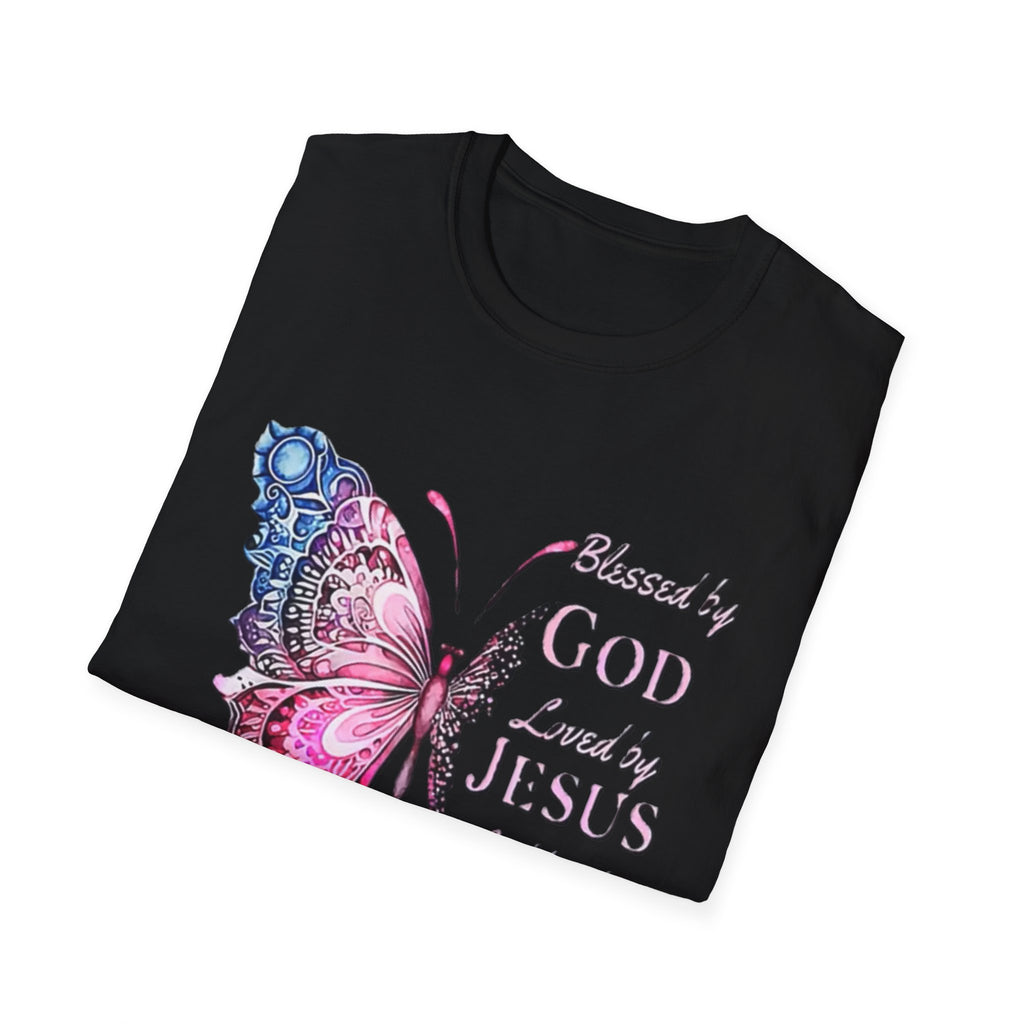 Christian Butterfly T-Shirt — Blessed by God, Loved by Jesus, Led by the Spirit