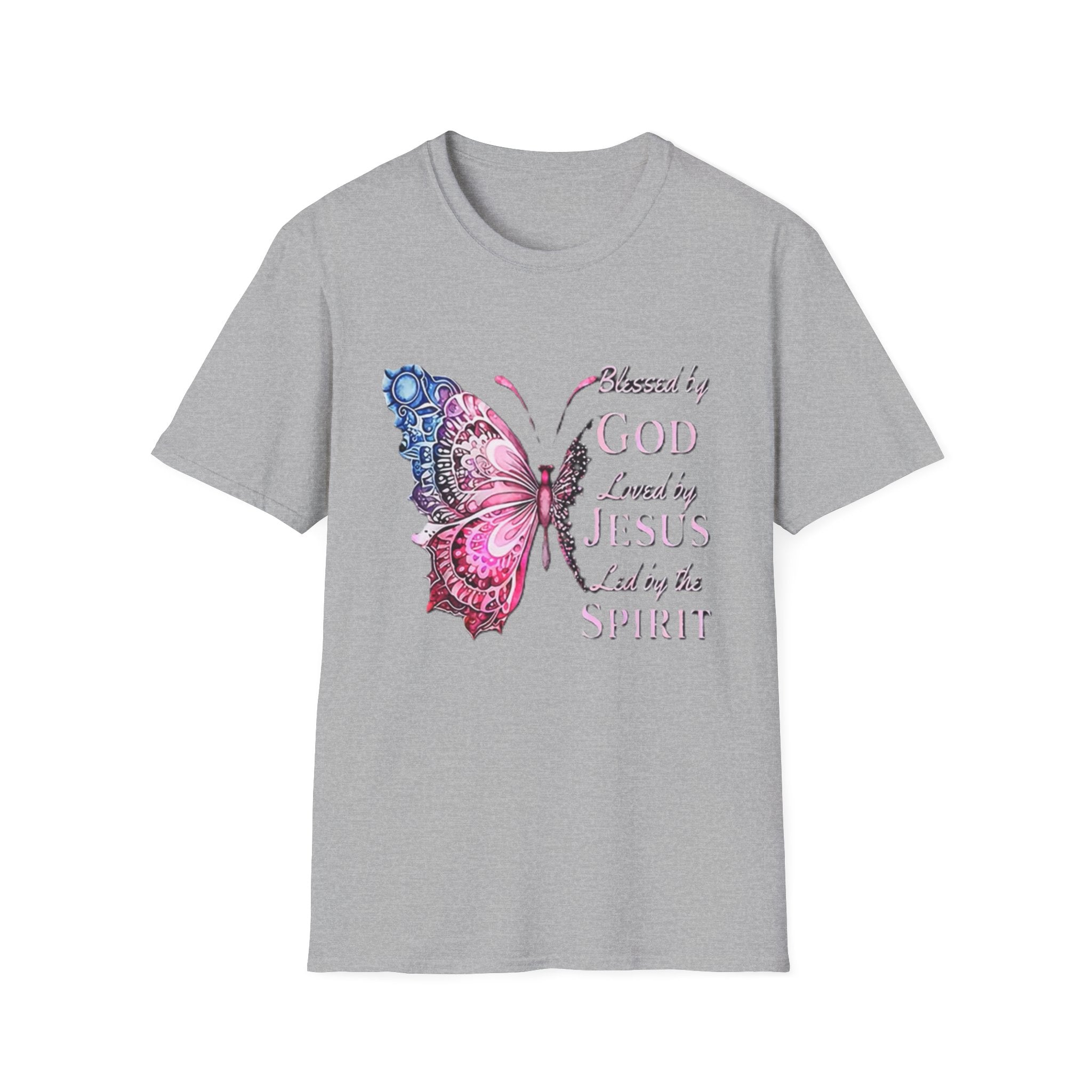 Christian Butterfly T-Shirt — Blessed by God, Loved by Jesus, Led by the Spirit