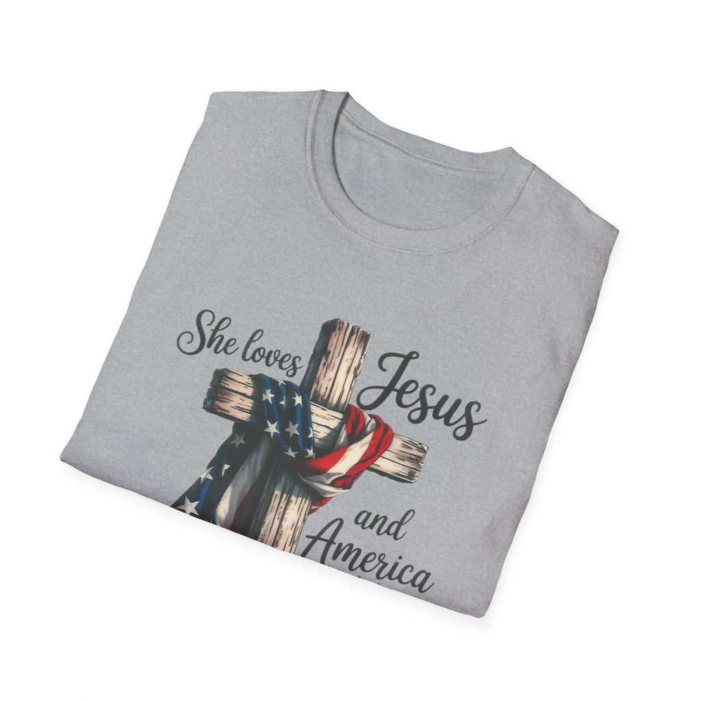 Jesus and America T-Shirt - 'She Loves Jesus and America Too' Patriotic Christian Tee