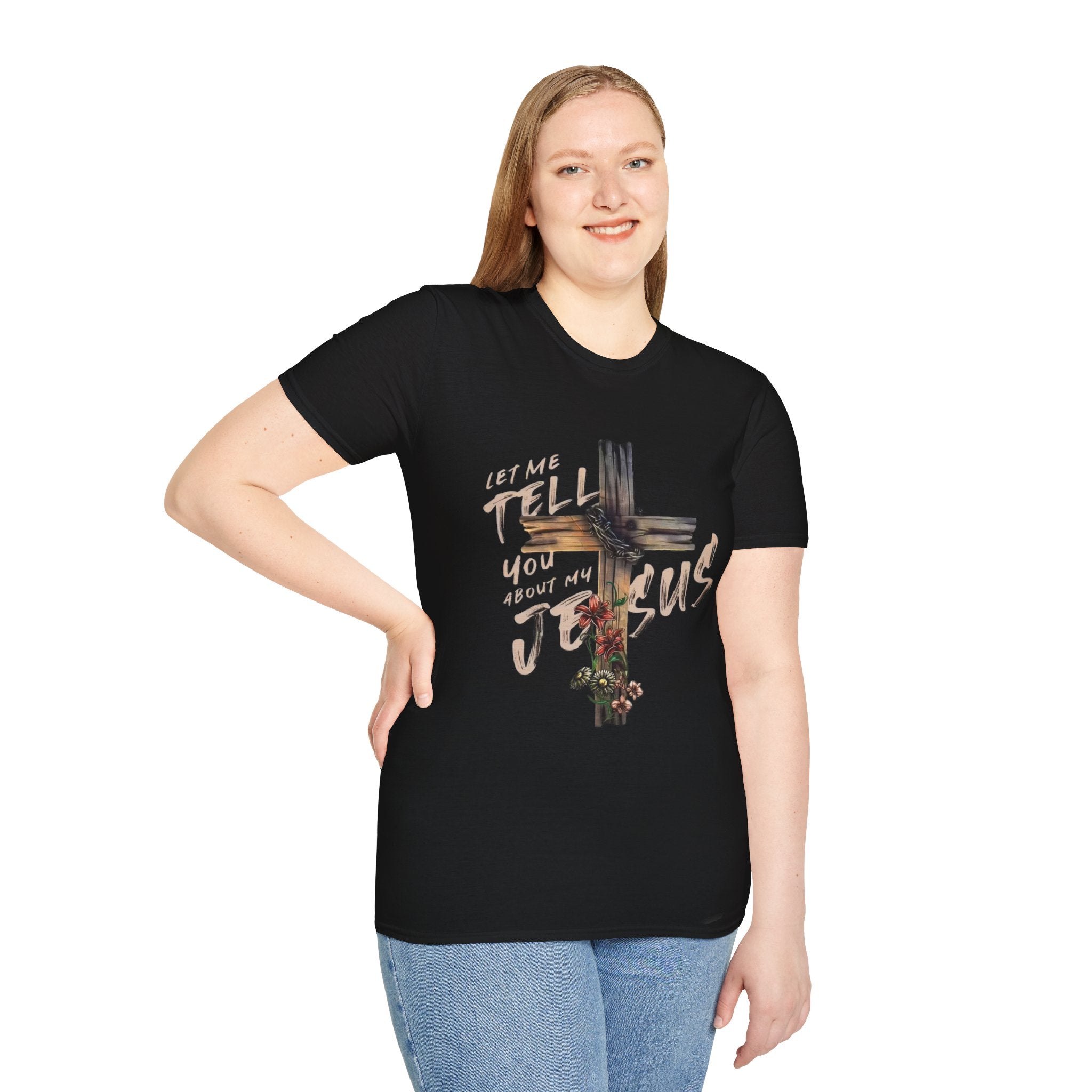 T-Shirt — "Let Me Tell You About My Jesus" Cross Floral Christian Tee
