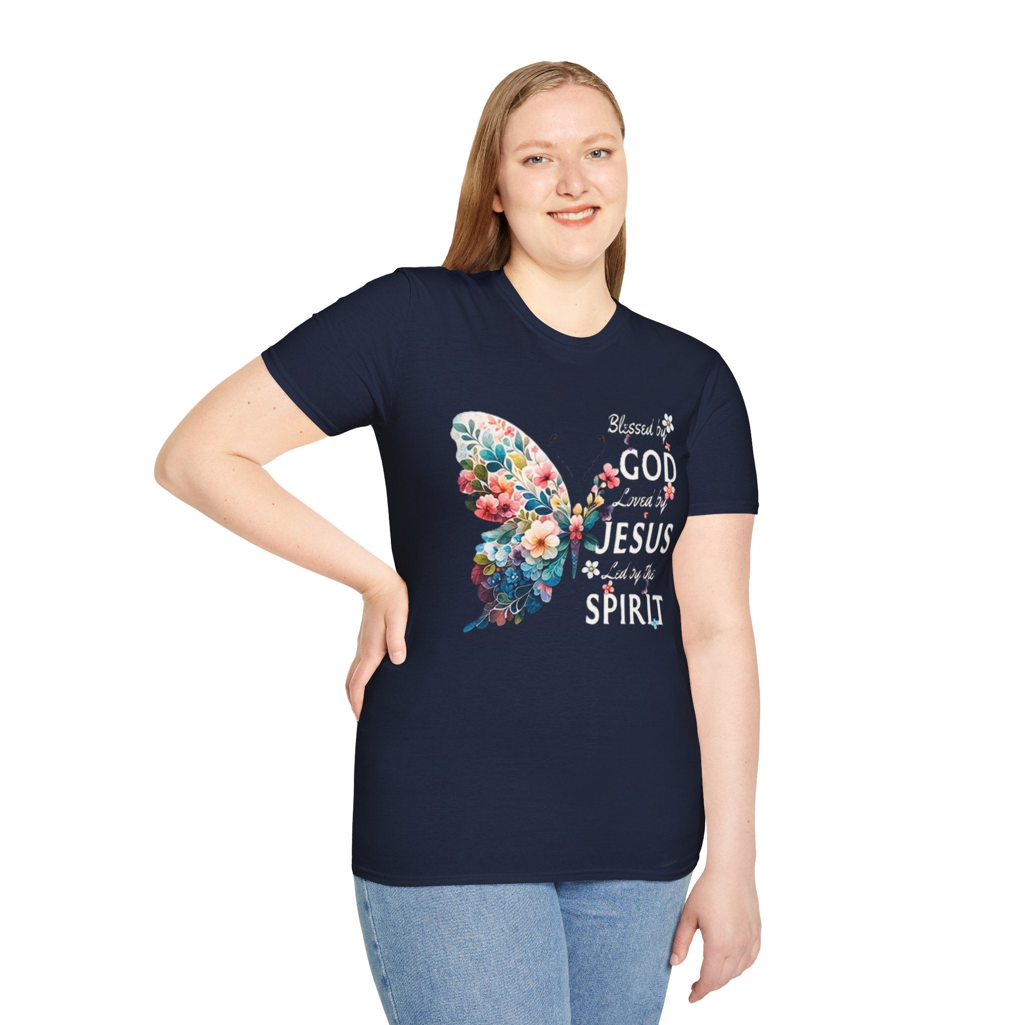 Faith Butterfly T-Shirt — "Blessed by God, Loved by Jesus, Led by the Spirit" Christian Floral Tee