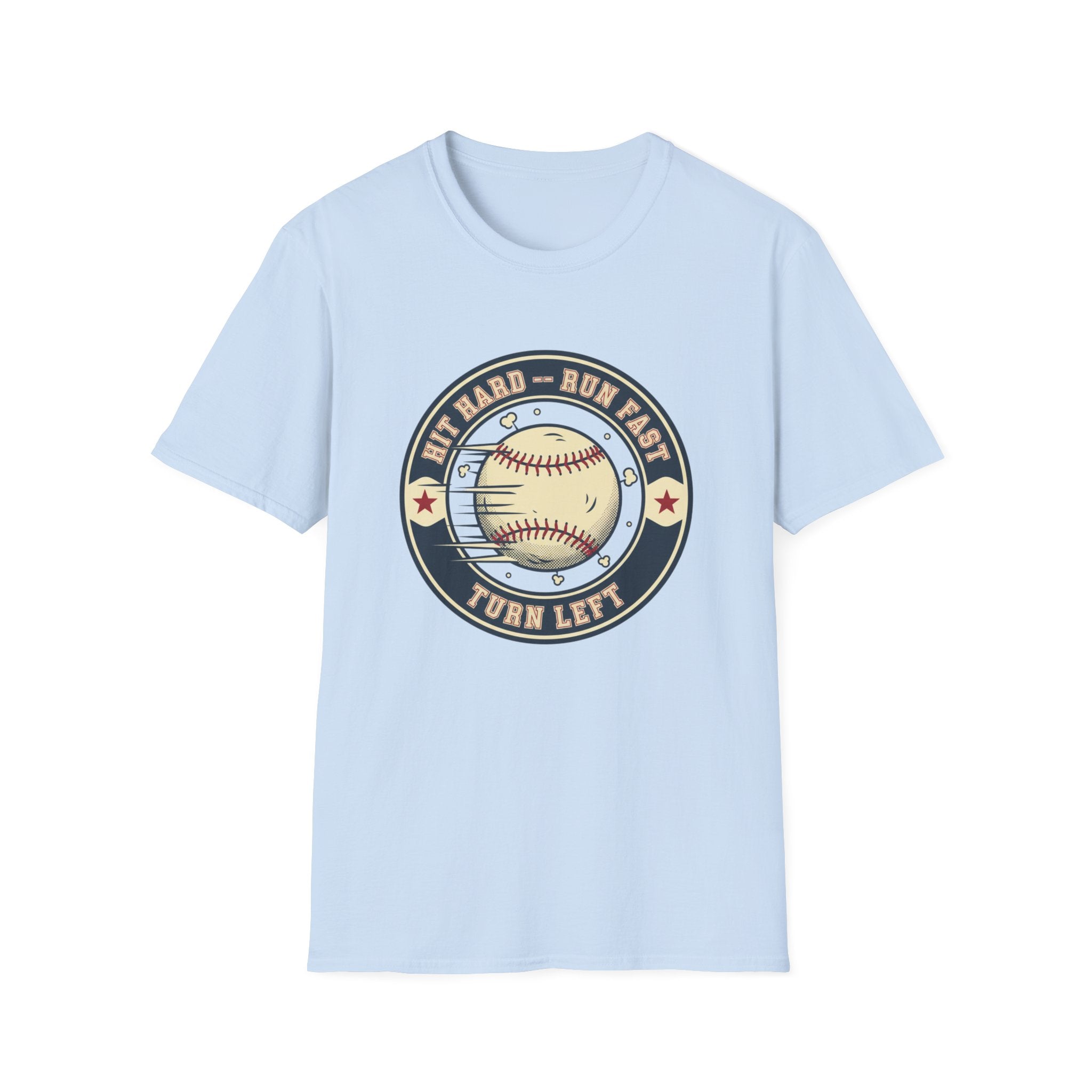 Baseball Tee — “Hit Hard • Run Fast • Turn Left” Vintage Softball Graphic Shirt